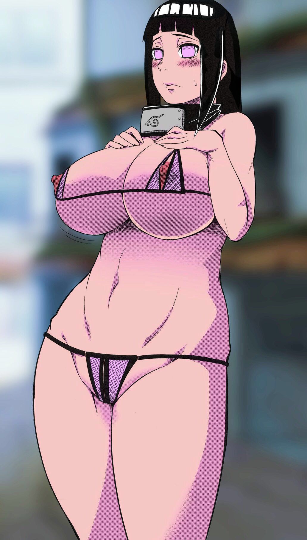 1girls, big breasts, black hair, breasts, color, colored, colorized, edit, female, female only, huge breasts, hyuuga hinata, lingerie, micro bikini, naruto, naruto (series), nipples, shy, solo, sunahara wataru, thighs