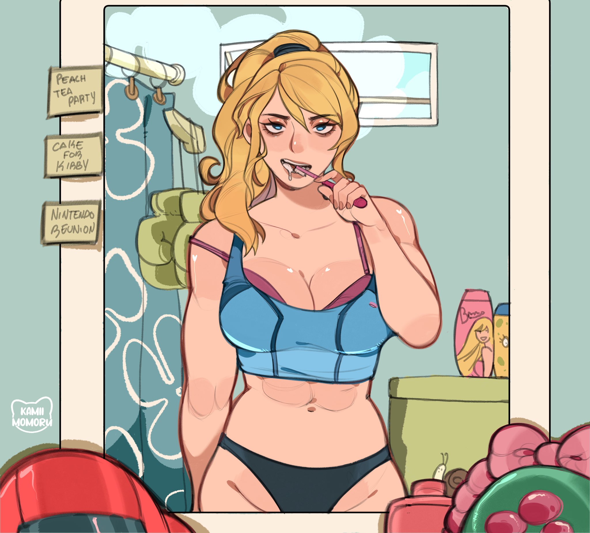 1girls, abs, artist logo, athletic female, bathroom, big breasts, black panties, blonde hair, blue eyes, bra peek, bra strap, bra strap down, bra strap slip, breasts, brushing teeth, clothing, crop top, detailed background, female, female focus, female only, fit, fit female, hair up, human, kamii momoru, large breasts, metroid, midriff, midriff baring shirt, midriff showing, mirror, mirror reflection, mismatched underwear, nintendo, nonsexual, open mouth, pale skin, panties, partially clothed, ponytail, samus aran, slice of life, solo, solo female, solo focus, sticky note, tired, tired expression, tired eyes, tired look, toothbrush, toothpaste, zero suit samus