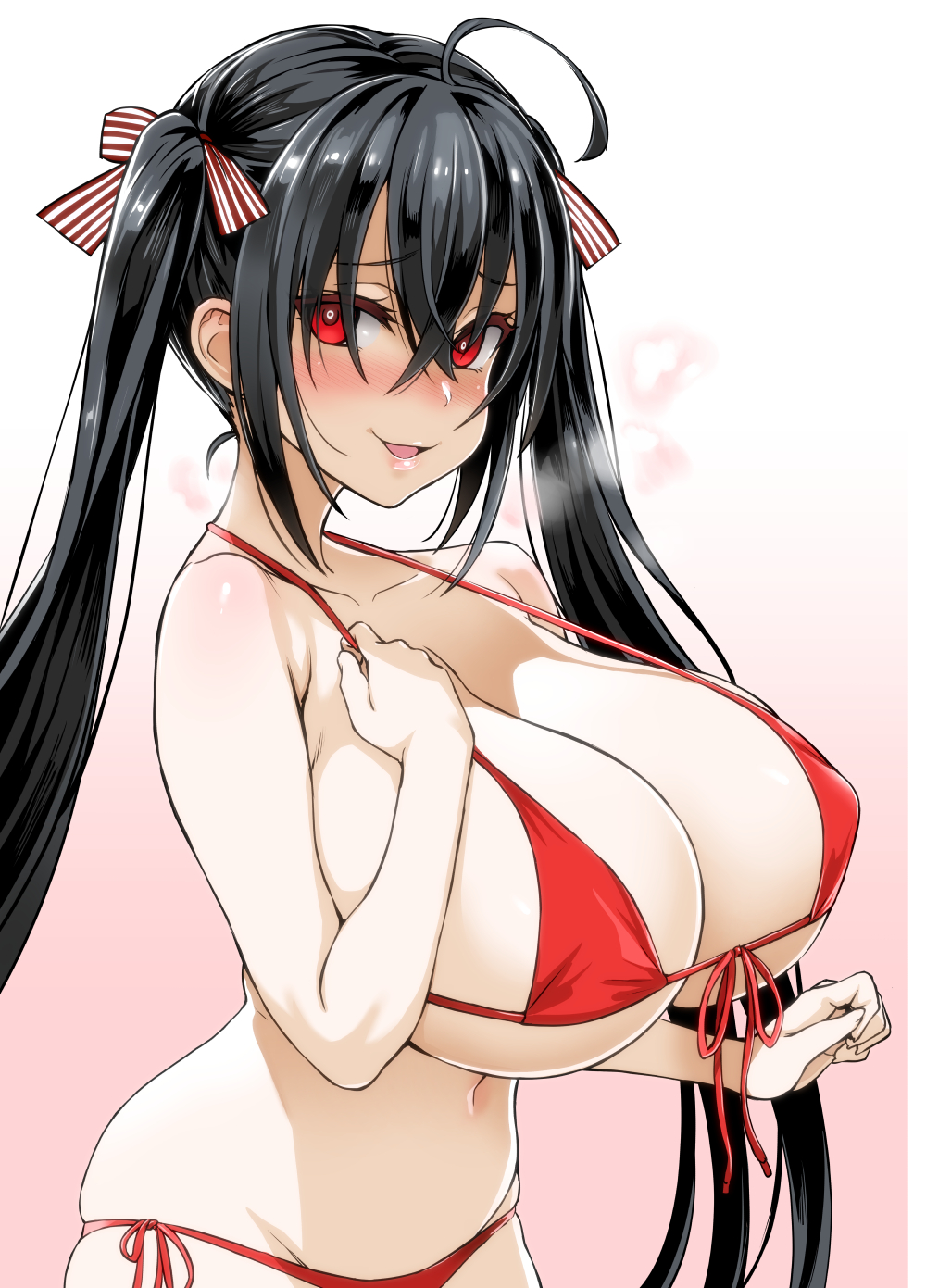 1girls, ahoge, asanagi, azur lane, big breasts, bikini, black hair, blush, breasts, cleavage, collarbone, commentary request, eyebrows visible through hair, female, female only, front-tie top, gradient, gradient background, hair between eyes, hair ribbon, hand on own chest, heavy breathing, highres, huge breasts, light skin, light-skinned female, lips, long hair, looking at viewer, micro bikini, navel, nose blush, parted lips, red bikini, red eyes, ribbon, sakura empire (azur lane), shiny, shiny hair, side-tie bikini, simple background, smile, solo, swimsuit, taihou (azur lane), tied hair, twintails, upper body, very long hair
