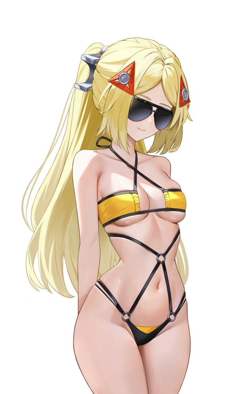 arms behind back, bare shoulders, bikini, blonde female, blonde hair, collarbone, cowboy shot, exposed belly, female, halterneck, long hair, minimal clothing, navel, ponytails, shades, smiling, stomach, thick thighs, tinted eyewear, tinted glasses, trigger (zenless zone zero), yellow bikini, yuridango, zenless zone zero