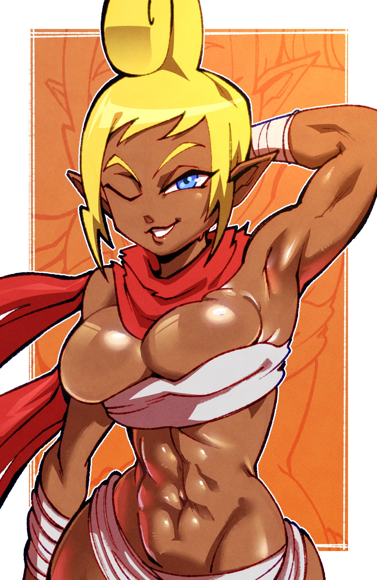 1girls, abs, armpits, arms up, blonde hair, crimsoncoax, female, grin, muscular, muscular female, nintendo, pointy ears, scarf, tan body, tan skin, tetra, the legend of zelda, wind waker, wink