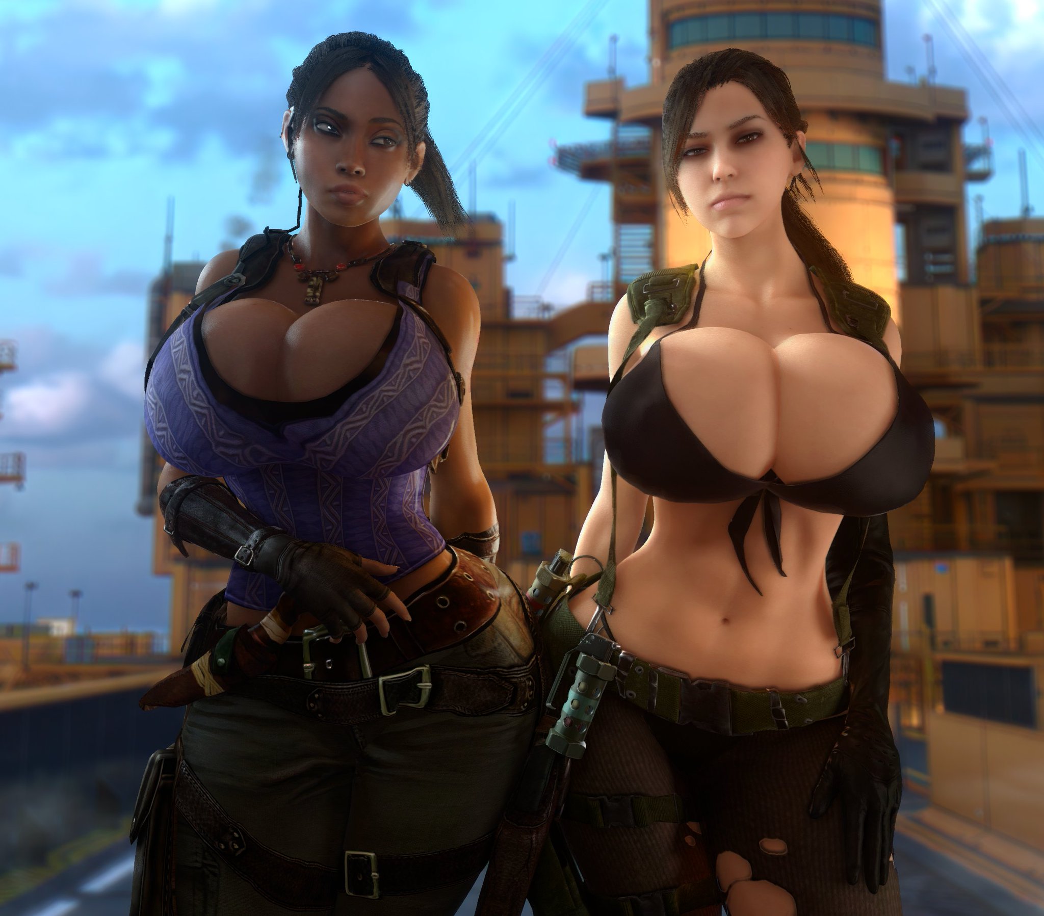 2girls, 3d, 3d (artwork), abs, african, african female, alternate breast size, big ass, big breasts, big hips, big thighs, breasts, breasts bigger than head, brown body, brown skin, brown-haired female, bust, busty, capcom, clothed, clothed female, crossover, curvaceous, curvy, curvy figure, dark skin, dark-skinned female, enormous breasts, female, female only, fingerless gloves, gigantic breasts, gloves, hi res, high resolution, highres, hips, huge ass, huge breasts, huge thighs, human, human female, human only, konami, large ass, large breasts, large hips, large thighs, light skin, light-skinned female, massive breasts, mature, mature female, metal gear, metal gear solid, metal gear solid v, midriff, multiple females, multiple girls, quiet (metal gear), resident evil, resident evil 5, sheva alomar, skimpy, skimpy clothes, slim waist, thick, thick hips, thick legs, thick thighs, thighs, vaako, video game character, video game franchise, video games, voluptuous, waist, wide hips