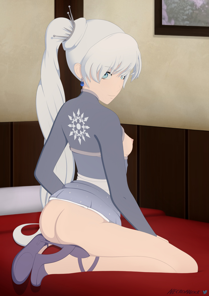 1girls, ass, bed, blue eyes, breasts, female, heels, high heels, looking at viewer, looking back, necromalock, nipples, partially clothed, ponytail, rwby, silver hair, stripping, tagme, wariza, weiss schnee, white hair