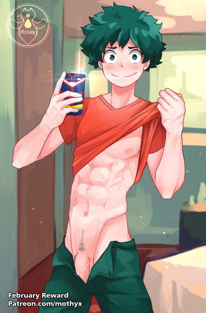 1boy abs blush fit fit_male green_eyes green_hair izuku_midoriya male male_only male_pubic_hair mothyx muscles muscular muscular_male my_hero_academia pants penis pubes pubic_hair scar selfie shirt_lift shirt_pull solo solo_focus solo_male strong undressing