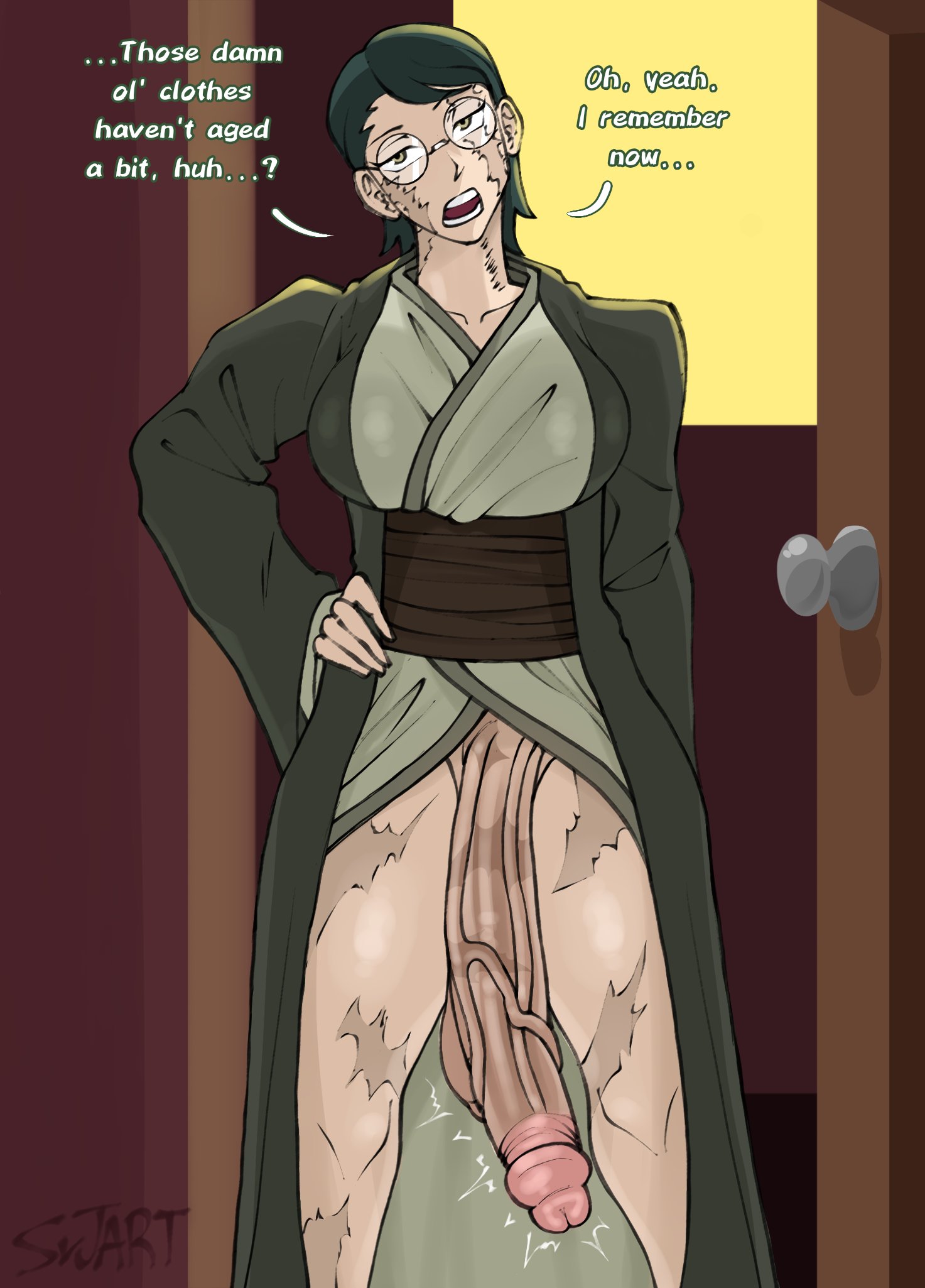 1futa, big breasts, big penis, bottomless, breasts, bulge, clothing, comic, comic page, dialogue, futa only, futanari, glasses, green hair, huge cock, hyper, hyper penis, imminent sex, intersex, jujutsu kaisen, kimono, male, no panties, penis, scar, scar on face, scars, short hair, srjrgart, thick, thick thighs, zenin maki