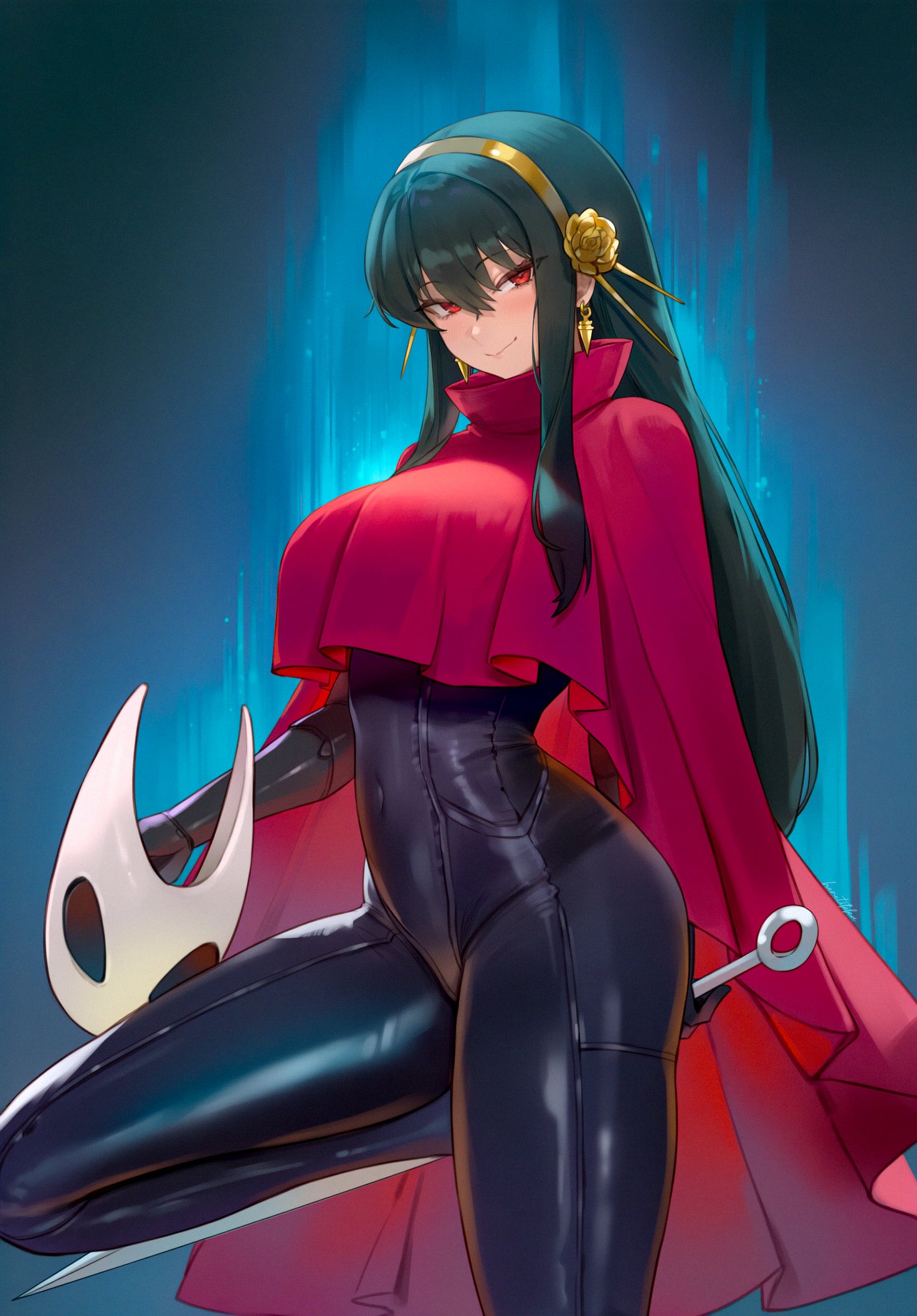 1girls, 2025, 2d, 2d (artwork), ai generated, belly button, belly button visible through clothing, big breasts, breasts, cosplay, digital media (artwork), female, female focus, female only, heretikka, hips, holding object, holding weapon, hornet (hollow knight) (cosplay), jewelry, latex, latex suit, light-skinned female, long hair, mask, mature female, milf, one leg up, pubic hair, red eyes, red robe, red rope, solo, solo female, spy x family, tight clothing, weapon, yor briar, yor forger