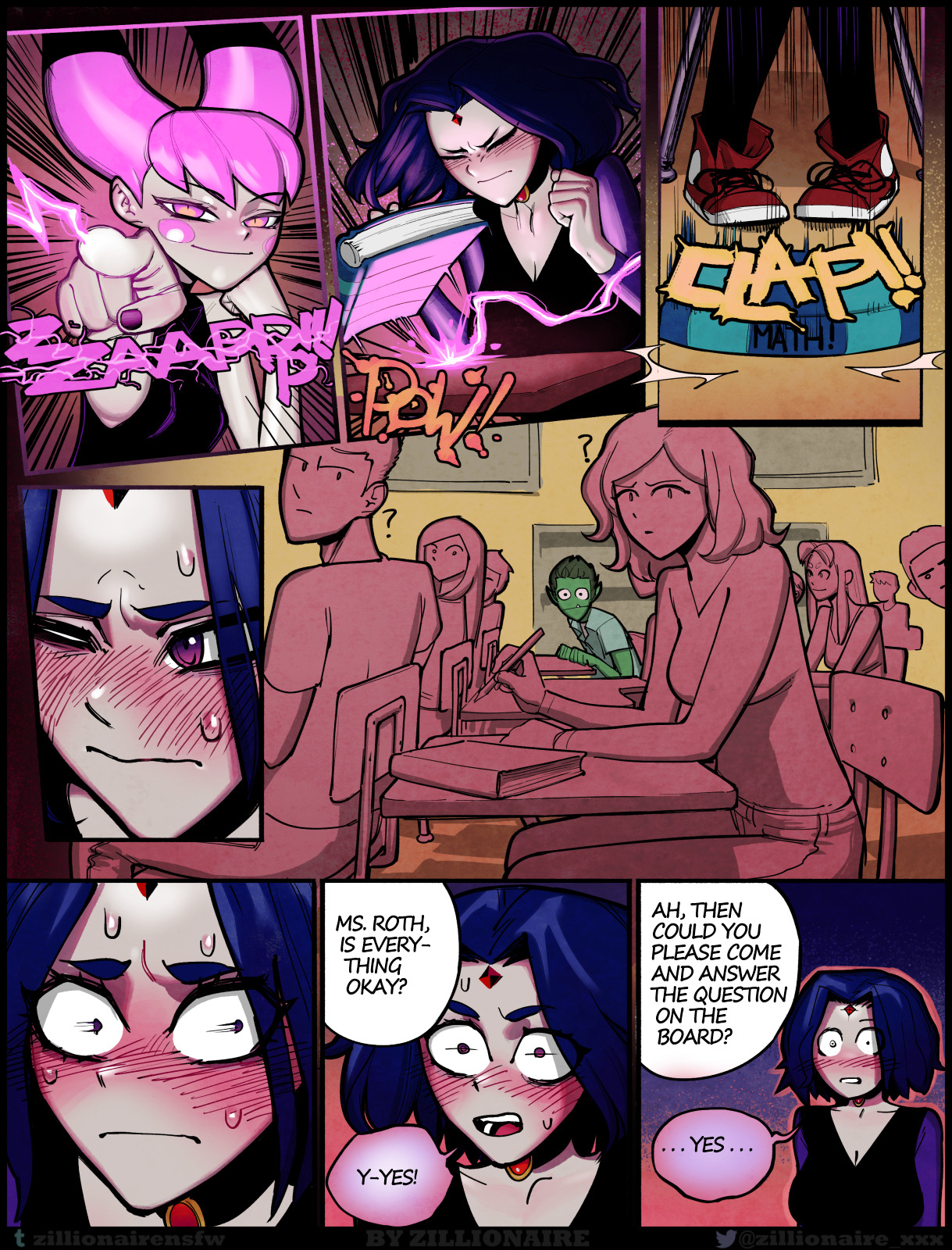 1boy, 4girls, beast boy, blush, breasts, clothing, comic, dc, dc comics, english text, female, highres, jinx (dc), male, rachel roth, raven (dc), speech bubble, starfire, teen titans, text, zillionaire