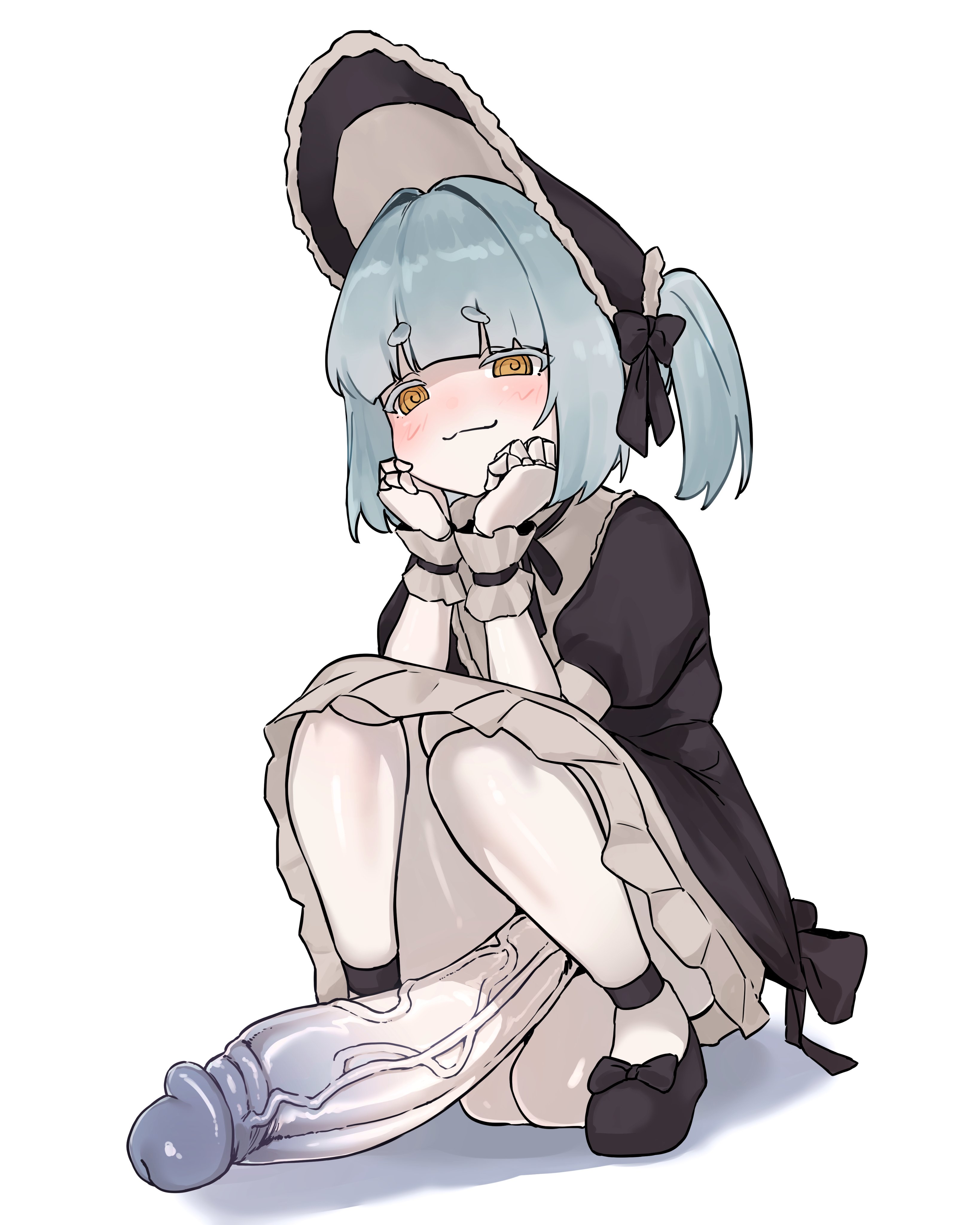 1futa, 1girls, 2d, 2d (artwork), 2d artwork, balls, balls peek, big balls, big penis, blue hair, blush, charlotte (roriposter), cock, doll, doll girl, erect penis, erection, exposed balls, exposed penis, futanari, huge cock, imkay 3, intersex, large balls, light skin, light-skinned futa, penis, penis out, solo, solo futa, squatting, tagme, tagme (character), vein, veiny penis, white background, yellow eyes
