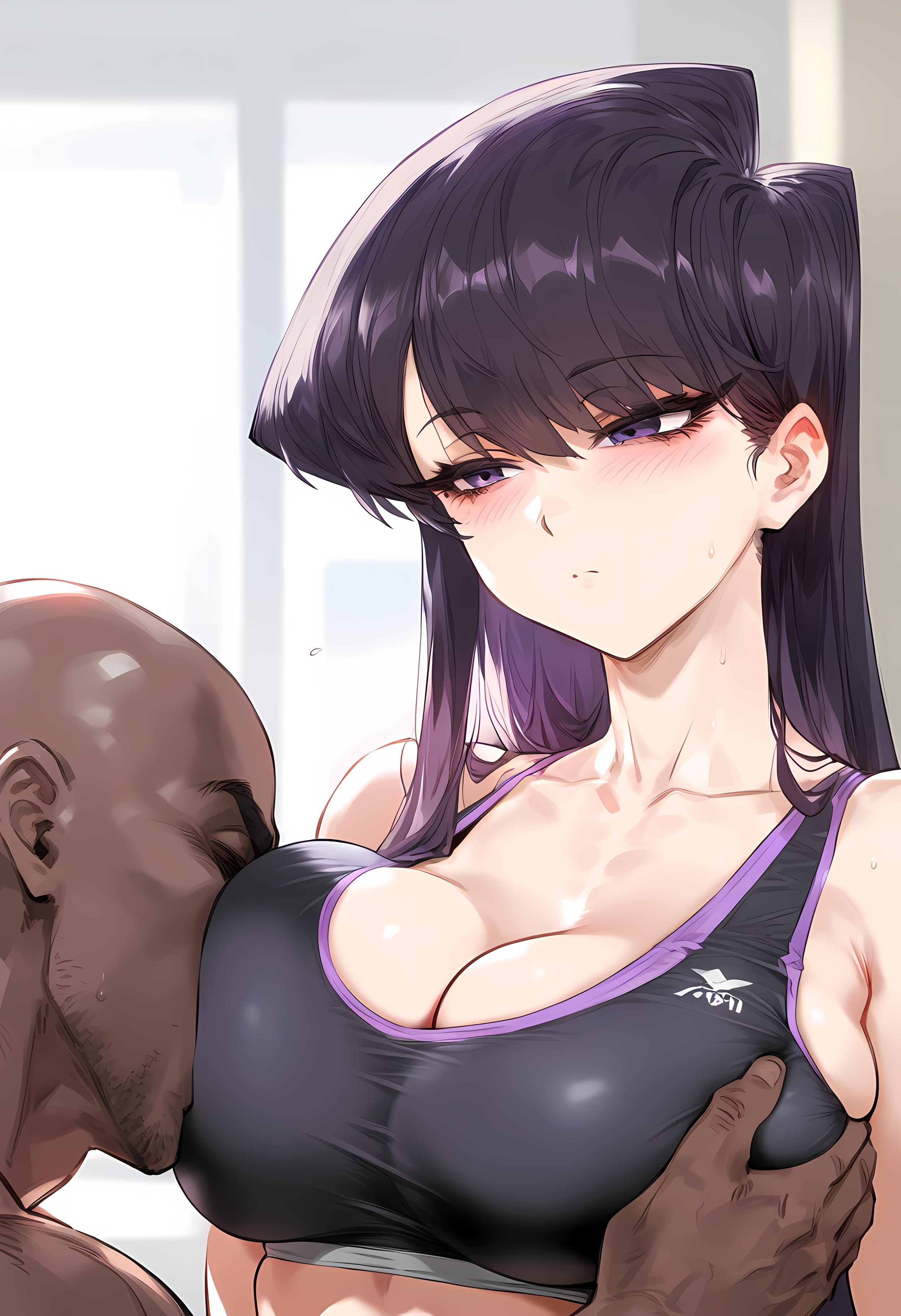 ai generated, blush, breast grab, breast worship, breasts, cheating, cheating girlfriend, cleavage, dark-skinned male, expressionless, face in breasts, female, groping, gym, imminent sex, komi shouko, komi-san wa komyushou desu, large breasts, looking up, male, motorboating, muscular, muscular male, nakatori, netorare, ntr, older male, older male and younger female, sports bra, stubble