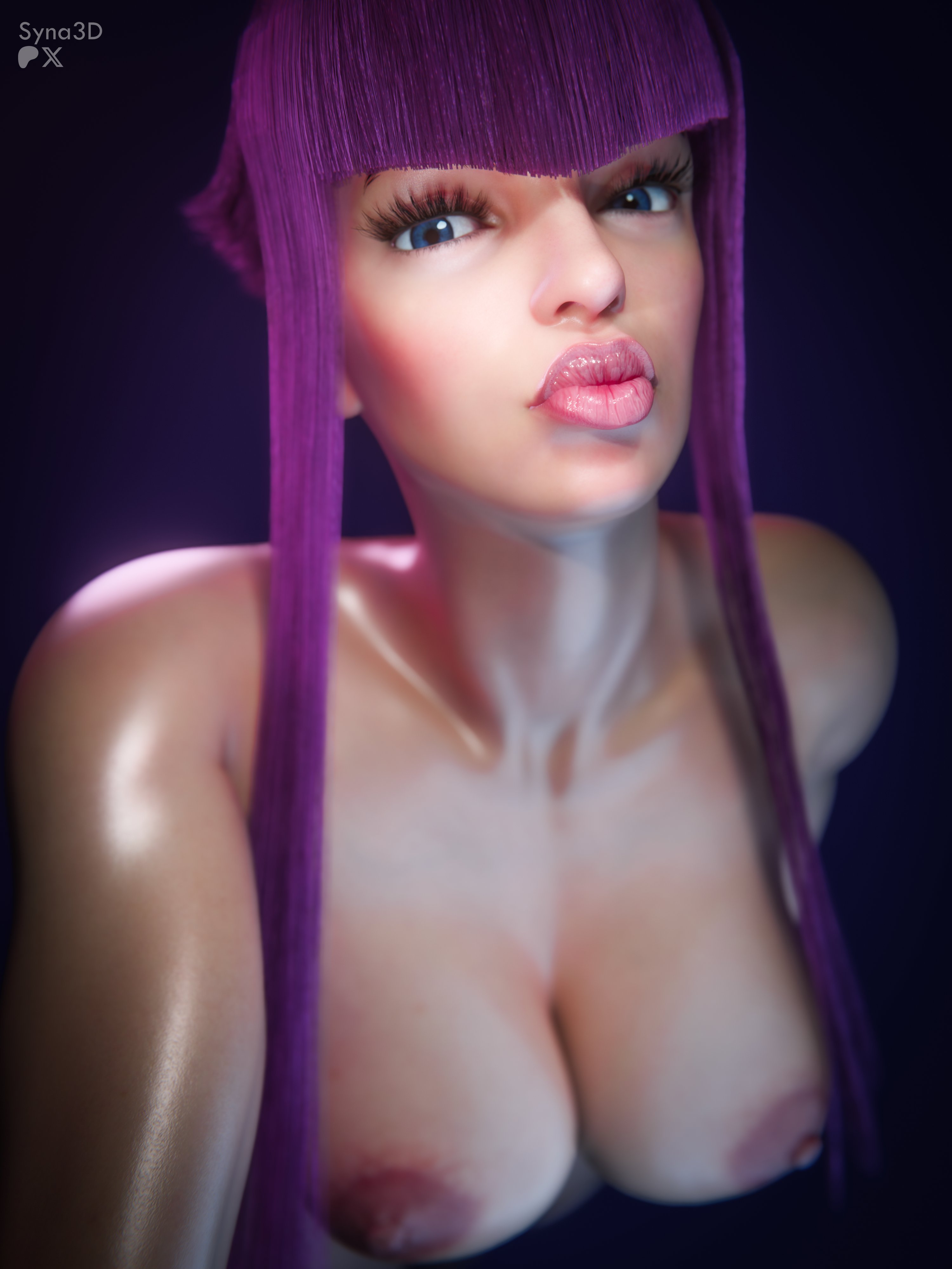 3d, areolae, bangs, big breasts, blue eyes, breasts, busty, capcom, female, female focus, female only, lipstick, makeup, manon legrand, nipples, nude, nude female, nudity, pink hair, pouty lips, selfie, street fighter, street fighter 6, syna, tagme