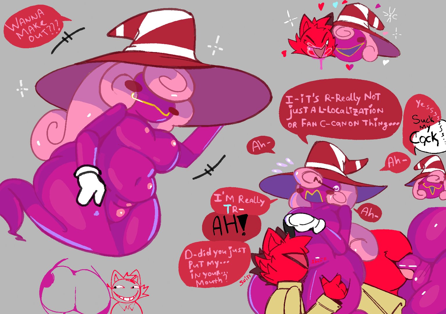 1boy, 1dickgirl, ass, dialogue, dickgirl, dickgirl on male, dickgirl/male, fellatio, female, futanari, ghost girl, hair over eyes, intersex, male, mario (series), more at source, nintendo, oc, oral, original, original character, paper mario, paper mario: the thousand-year door, pink hair, pink skin, sex, text, thick thighs, transfem, transgender woman, vivian (paper mario), vroorv, witch hat