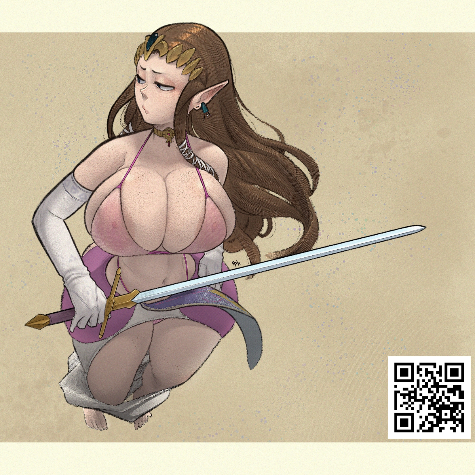 1girls, aphrodos, breasts, brown hair, female, huge breasts, large breasts, long brown hair, long hair, nintendo, pointy ears, princess zelda, solo, sword, the legend of zelda, twilight princess, zelda (twilight princess)