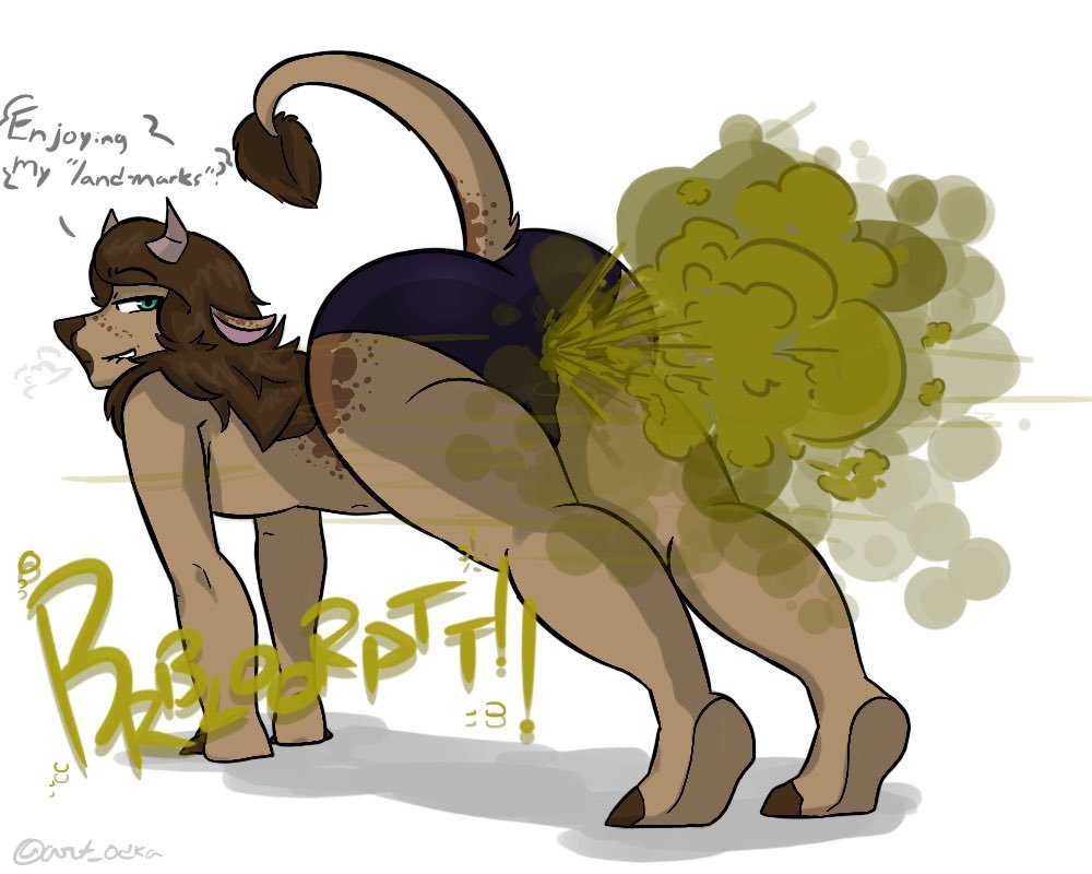1boy, 2025, 2d, 2d (artwork), 2d artwork, anthro, ass, big ass, big butt, bovid, bovine, brown body, brown fur, brown hair, dmitri (hydrareality), fart, fart cloud, fart fetish, farting, farts, femboy, feminine male, huge ass, huge butt, male, minotaur, odka, onomatopoeia, panties, solo