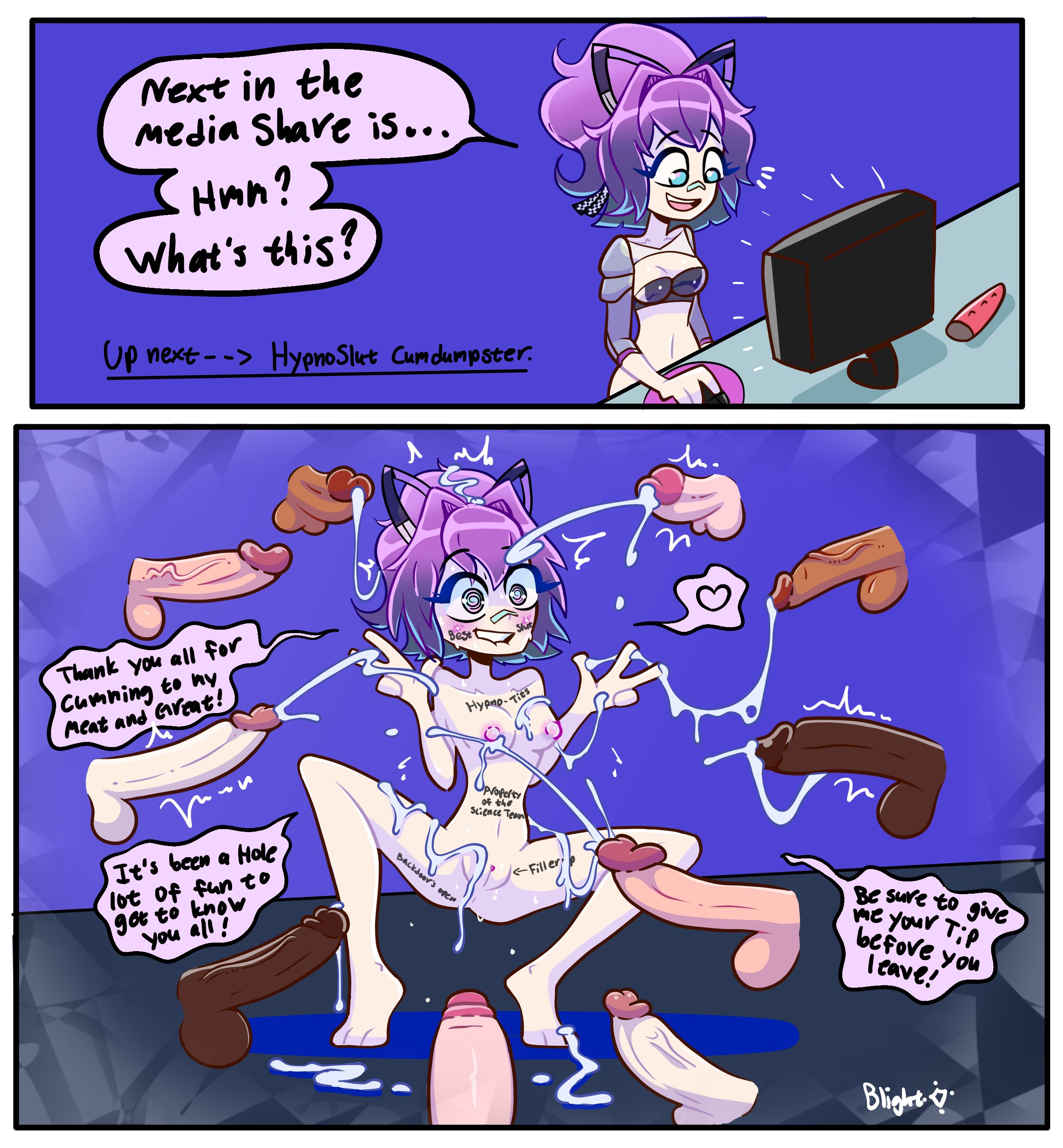 10boys, 1girls, 2 panel comic, artificial intelligence, asking for more, bandaid on nose, begging for cum, blightstar, blue eyes, body writing, breasts, bukkake, camgirl, comic, computer monitor, computer mouse, cum dumpster, cum in hair, cum on body, cum on breasts, cum on face, cum slut, cumdump, dark-skinned male, dialogue, disembodied penis, double v, english text, female, full body, gangbang, hypnosis, legs apart, light-skinned female, light-skinned male, looking at penis, male, medium breasts, melody (projektmelody), mind control, no penetration, penis, presenting, projektmelody, public use, purple hair, pussy, solo female, speech bubble, squatting, swirly eyes, tagme, tan-skinned male, using computer, vagina, virtual youtuber, vtuber, vtuberfanart