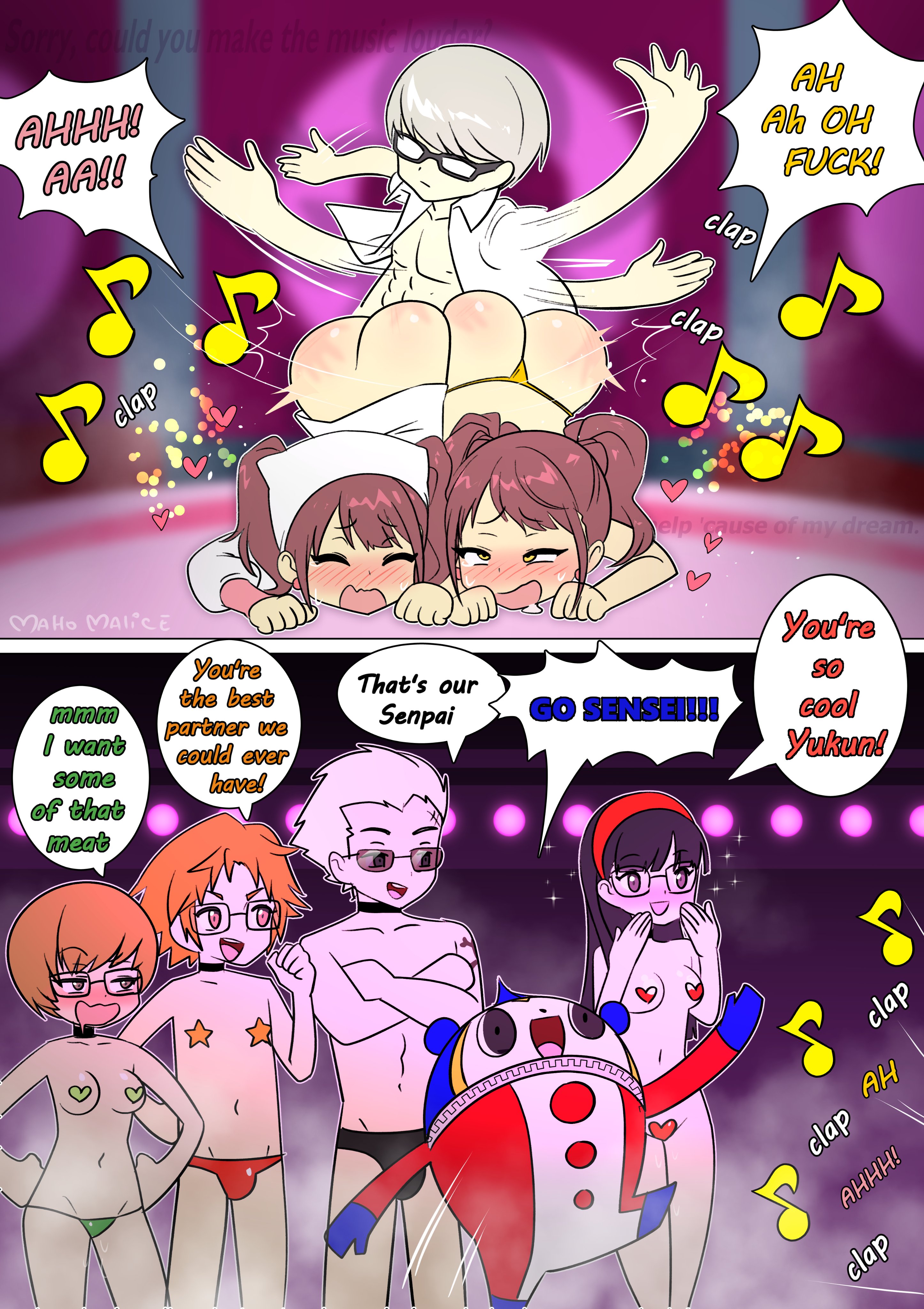4boys, 4girls, aika nakamura, amagi yukiko, ass, ass up, atlus, bikini, bikini bottom, blush, brown hair, casual, clothing, comic, dialogue, erection under clothes, female, gold bikini, group, hanamura yousuke, heart pasties, human, investigation team, kujikawa rise, long hair, long hair female, long sleeves, maho malice, male, myahogao, narukami yu, navel, open clothes, open shirt, pale skin, pasties, persona, persona 4, persona 4 the animation, pussy, satonaka chie, shameless, short hair, short hair female, short hair male, spank marks, spanked, spanking, speedo, taped nipples, taped pussy, tatsumi kanji, team, teddie (persona), text, topless female, topless male, watching