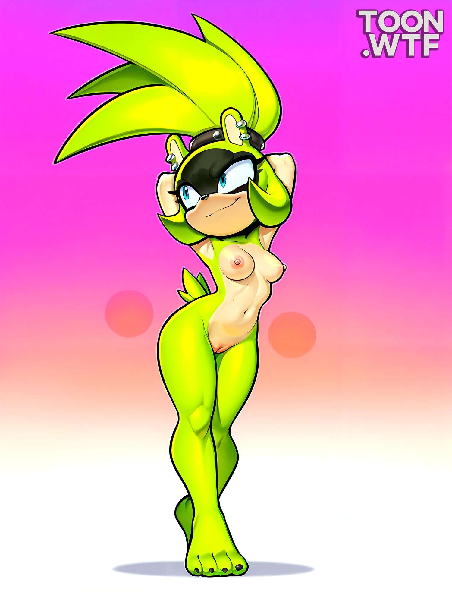 1girls, ai generated, anthro, barefoot, bbmbbf, breasts, feet, female, female only, mobian (species), mobius unleashed, nipples, nude, palcomix, pussy, sega, solo, sonic (series), sonic the hedgehog (series), surge the tenrec, toon.wtf