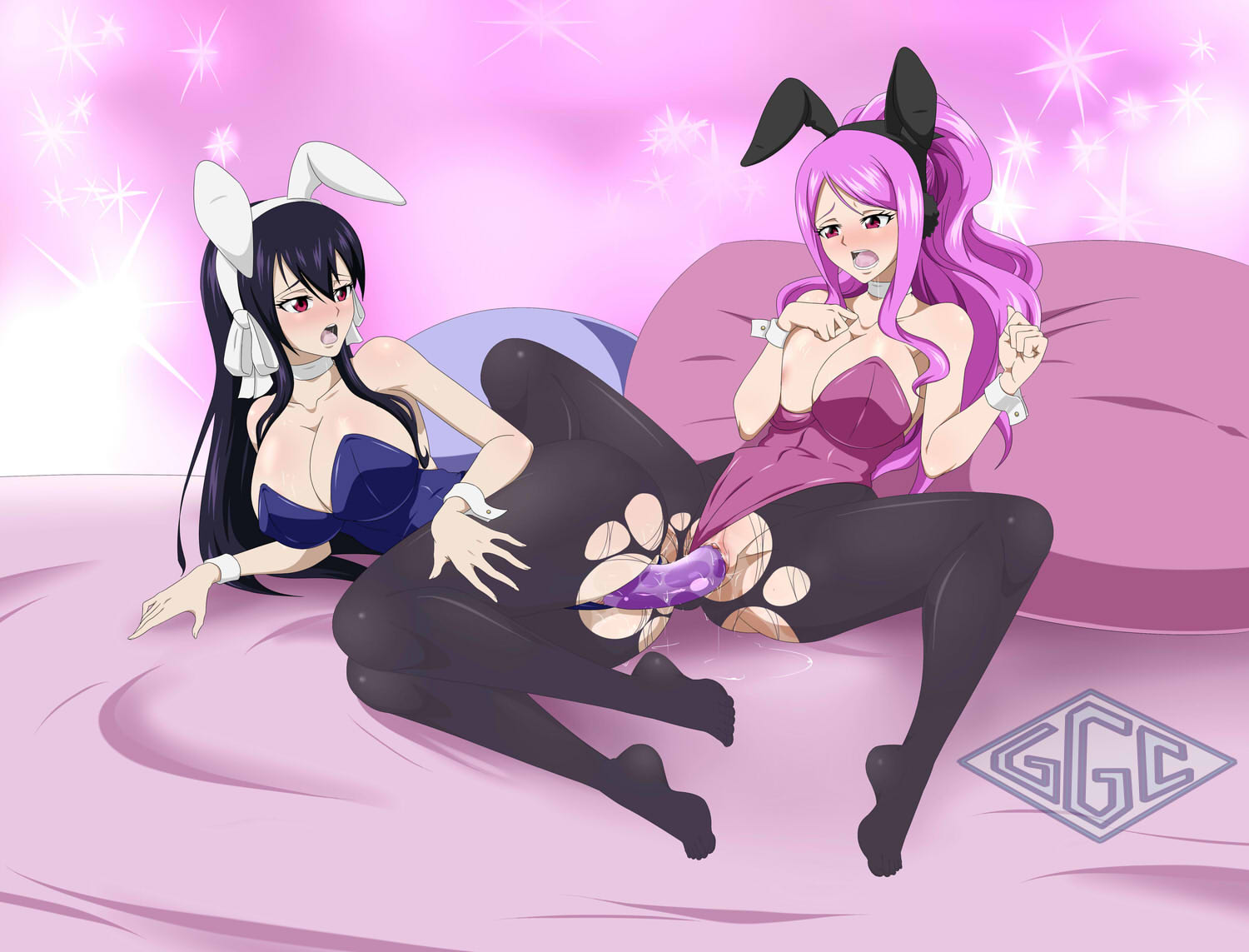 2girls, black pantyhose, boots, bunnysuit, crime sorciere, dildo, double dildo, fairy tail, female, female only, ggc, meredy (fairy tail), multiple females, multiple girls, pantyhose, pink hair, pink-haired female, purple hair, purple-haired female, pussy, sex toy, spread legs, torn pantyhose, ultear milkovich, uncensored, yuri