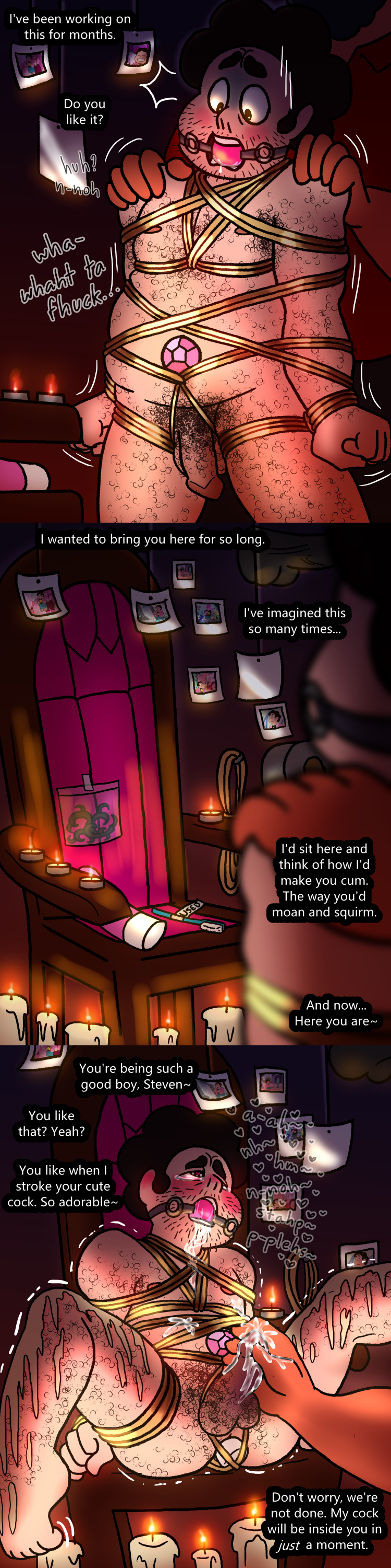 2d, adult, adult male, aged up, aged up character, anonymous character, ball gag, balls, ballsack, barefoot, blush, blushing male, blushing profusely, bondage, bound, bound and gagged, bound arms, bound torso, bound wrists, creepy, curling toes, dildo, drool, drooling, dubious consent, english, english text, fat, fat male, feet, flaccid, flaccid penis, forced orgasm, gay, gay domination, hairy, hairy armpits, hairy balls, hairy male, handjob, kidnapped, male, male focus, male only, male/male, mario4513228, moaning, moaning in pleasure, muffled, muffled moaning, muffled speech, multiple orgasms, orgasm, orgasm face, orgasm from handjob, orgasm torture, overstimulated, overstimulation, penis, photo stalker wall, rape, rope, rope bondage, rope harness, small penis, stalker, stalking, steven quartz universe, steven universe, struggling, submissive male, tears, tears in eyes, tears of pleasure, text, toony, trying to break free, trying to escape, trying to resist, wax, wax on body, wax play