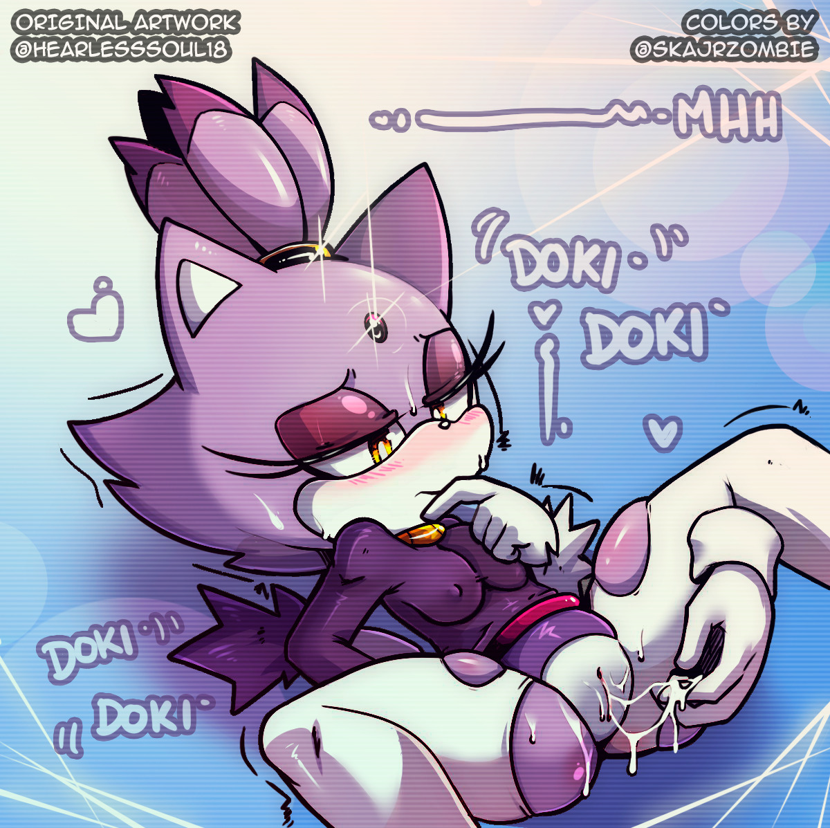 after sex, amber eyes, anthro, art trade, ass, black nose, blaze the cat, breasts, clothing, cum, cum in pussy, cum inside, cum string, dipstick tail, embarrassed, feline, female, gloves, half-closed eyes, hearlesssoul, heart, mammal, nipple bulge, pantyhose, purple fur, pussy, sega, skajrzombie, sonic (series), sonic the hedgehog (series), spread legs, spreading, tail, text, thighs, torn clothes, torn pantyhose, wet, white fur