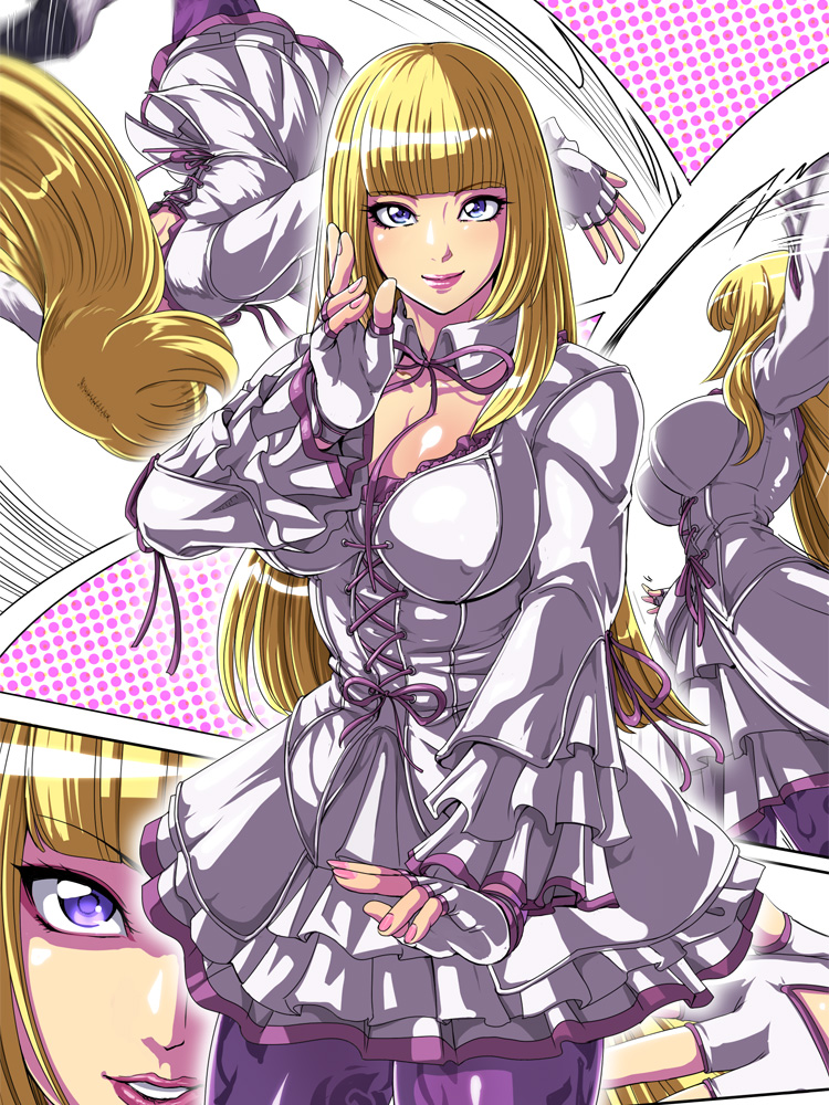 bangs blonde_hair blue_eyes blunt_bangs breasts cleavage dress emilie_de_rochefort female fighting_stance fingerless_gloves frilled_dress frills gloves highres hime_cut lips long_sleeves medium_breasts nail_polish pantyhose raburebo skirt solo_focus tekken