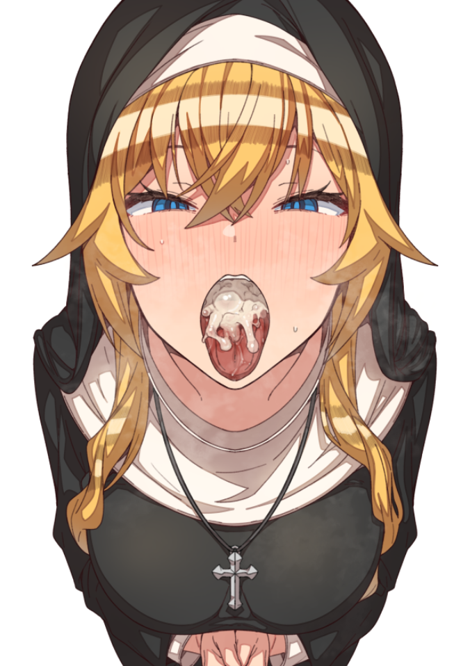 after_deepthroat after_fellatio blonde_hair blue_eyes blush cross cross_necklace cum cum_in_mouth cum_on_tongue cum_out_throat erere female habit half-closed_eyes jewelry long_hair looking_at_viewer necklace nun open_mouth original simple_background solo tongue tongue_out white_background