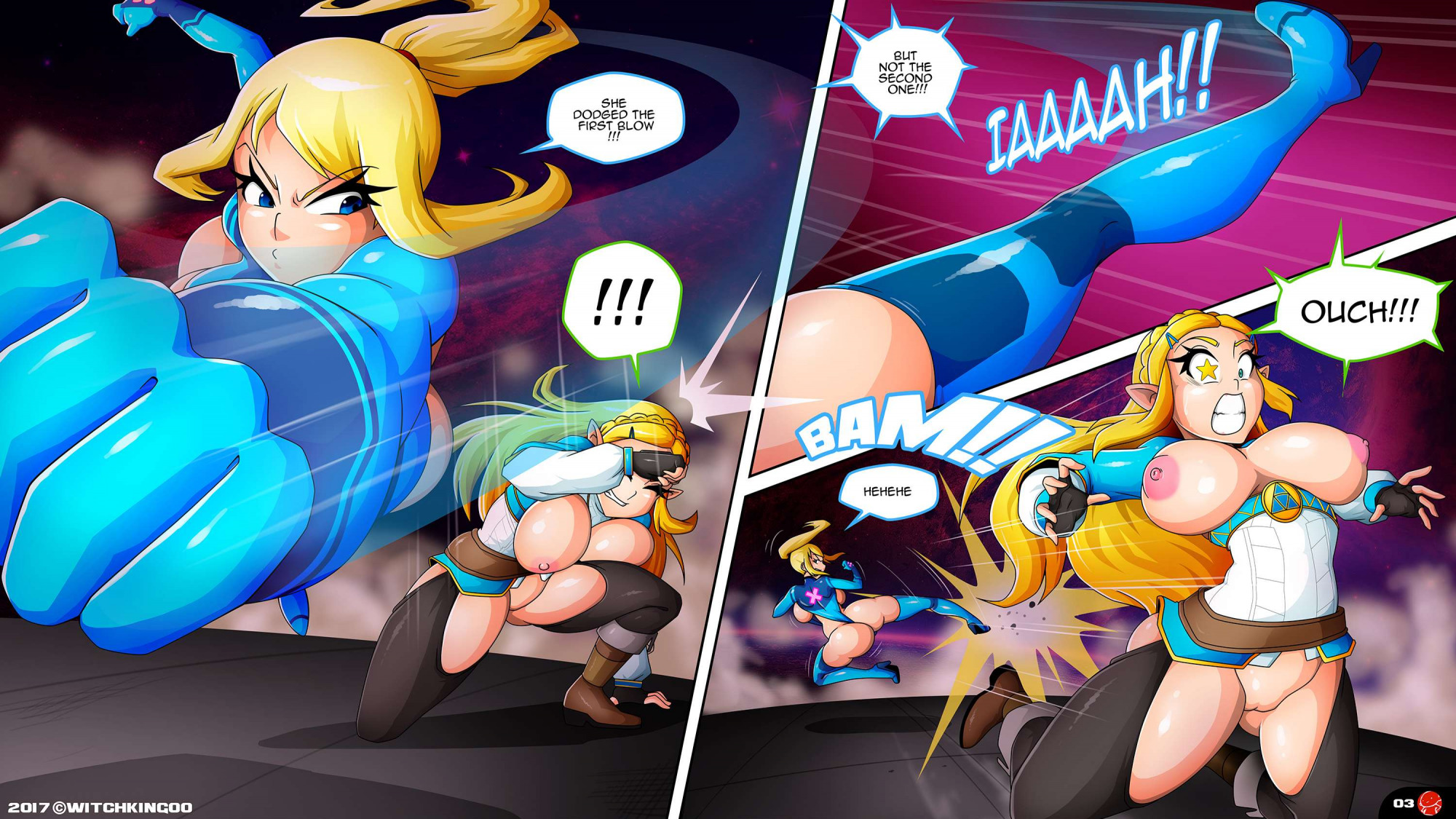 2girls, absurd res, areolae, ass, big breasts, blonde hair, breasts, breasts out, breath of the wild, catfight, comic, dodge, english text, female, female only, fight, fighting, highres, human, kick, large breasts, metroid, multiple females, multiple girls, nintendo, nipples, no bra, no panties, page 3, princess zelda, punch, samus aran, sexfight, starry eyes, super smash bros., the legend of zelda, thick, witchking00, yuri, zelda (breath of the wild), zero suit