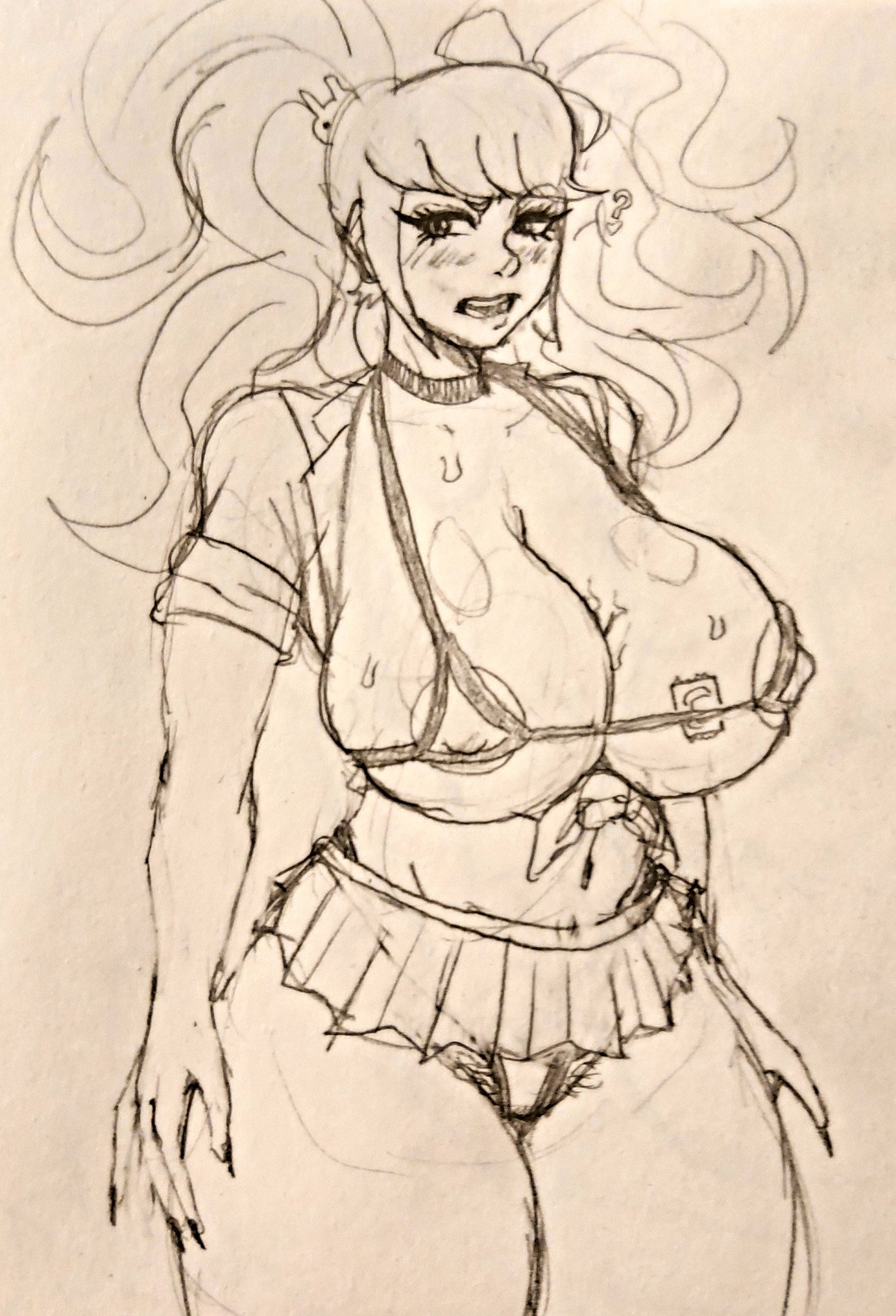 1girls, ass, big breasts, bikini, bimbo, blush, breasts, choker, cleavage, collar, danganronpa, danganronpa (series), danganronpa 1, female, female focus, female only, gyaru, huge ass, huge breasts, igdel, junko enoshima, massive ass, massive breasts, miniskirt, nipple bulge, nipples, partially clothed, pubic hair, pubic hair peek, smooth skin, string bikini, sweat, sweatdrop, thick ass, thick thighs, thighs, thong, twintails