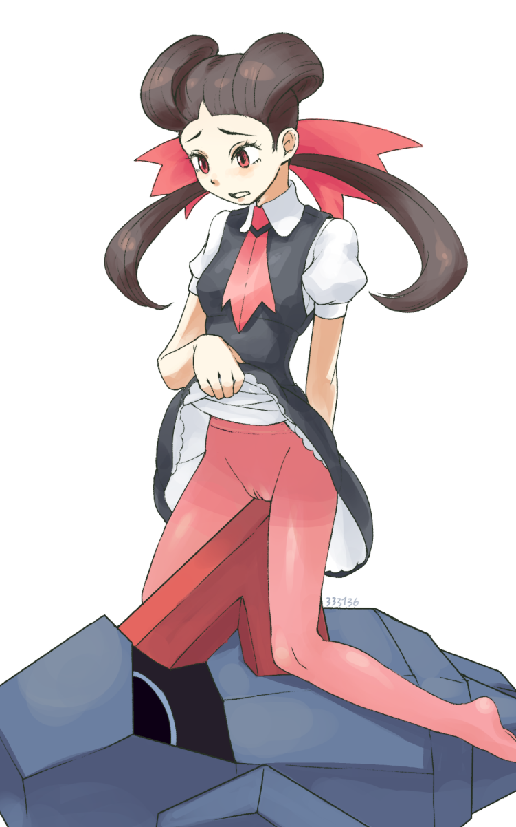 black_dress blush breasts brown_hair dress dress_lift facesitting female grinding hair_ornament hand_up highres human interspecies lifted_by_self looking_down lying necktie nintendo no_panties nosepass on_back pantyhose parted_lips pikopiko_suru_yatsu pixiv_id pokemon pokemon_(game) pokemon_oras pokephilia puffy_short_sleeves puffy_sleeves pussy red_eyes red_legwear red_neckwear roxanne_(pokemon) see-through shiny shiny_hair shirt short_sleeves signature simple_background small_breasts straddling teeth tied_hair twintails uncensored white_background white_shirt