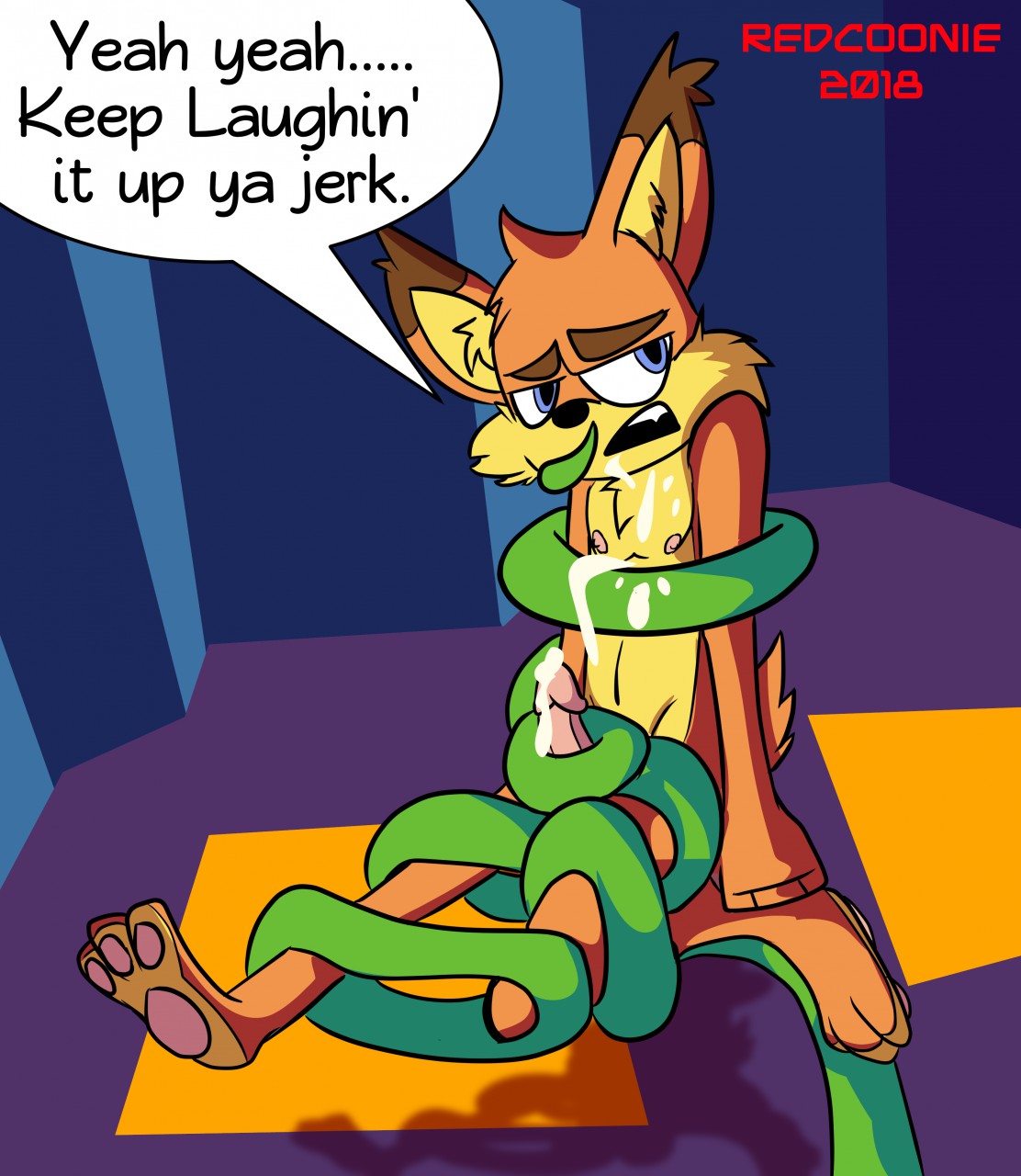 2018 anal anthro bubsy bubsy_(series) cum dialogue english_text erection feline fur looking_at_viewer lynx male male_only mammal nipples nude open_mouth penis redcoonie simple_background solo speech_bubble tentacle text video_games