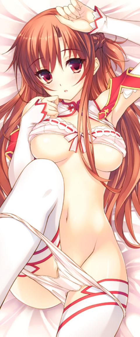 1girls amami_mikihiro arm_up armpits bra bra_lift breasts brown_hair female large_breasts panties panty_pull sword_art_online tagme thighhighs underboob underwear yuuki_asuna