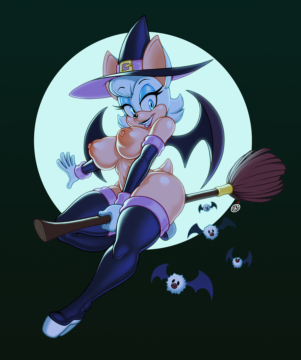 1girls, anthro, bat, breasts, costume, daxzor, elbow gloves, female, female only, halloween, high heels, nipples, rouge the bat, sega, solo, sonic (series), sonic the hedgehog (series), thighhighs, wings, witch