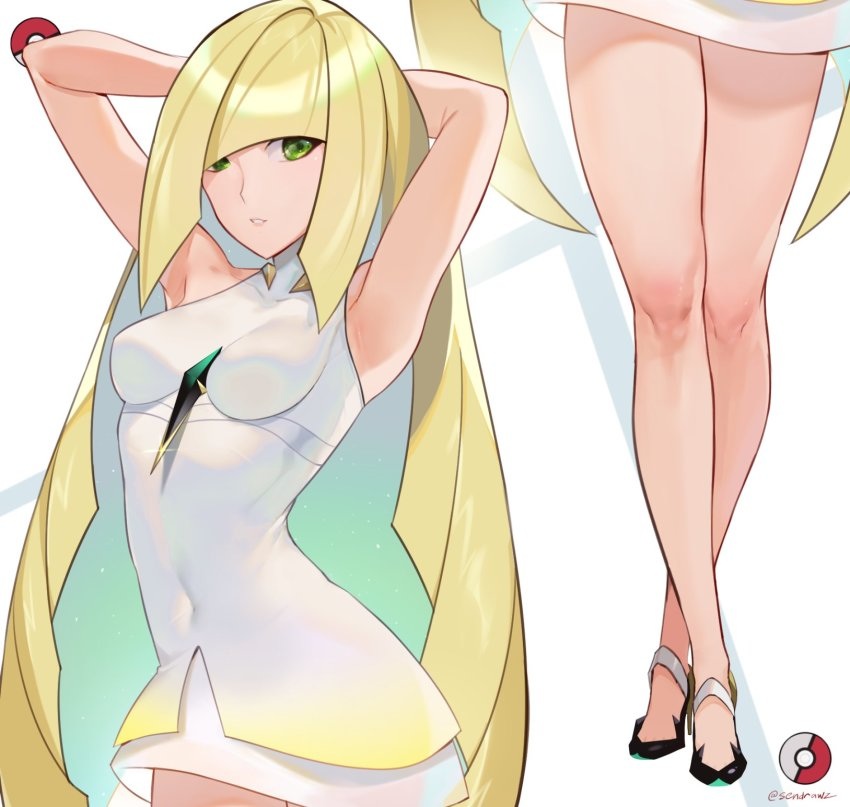 aether foundation, armpits, bare legs, blonde hair, female, female only, fully clothed, lusamine (pokemon), pokemon, pokemon sm, sendrawz, solo, standing