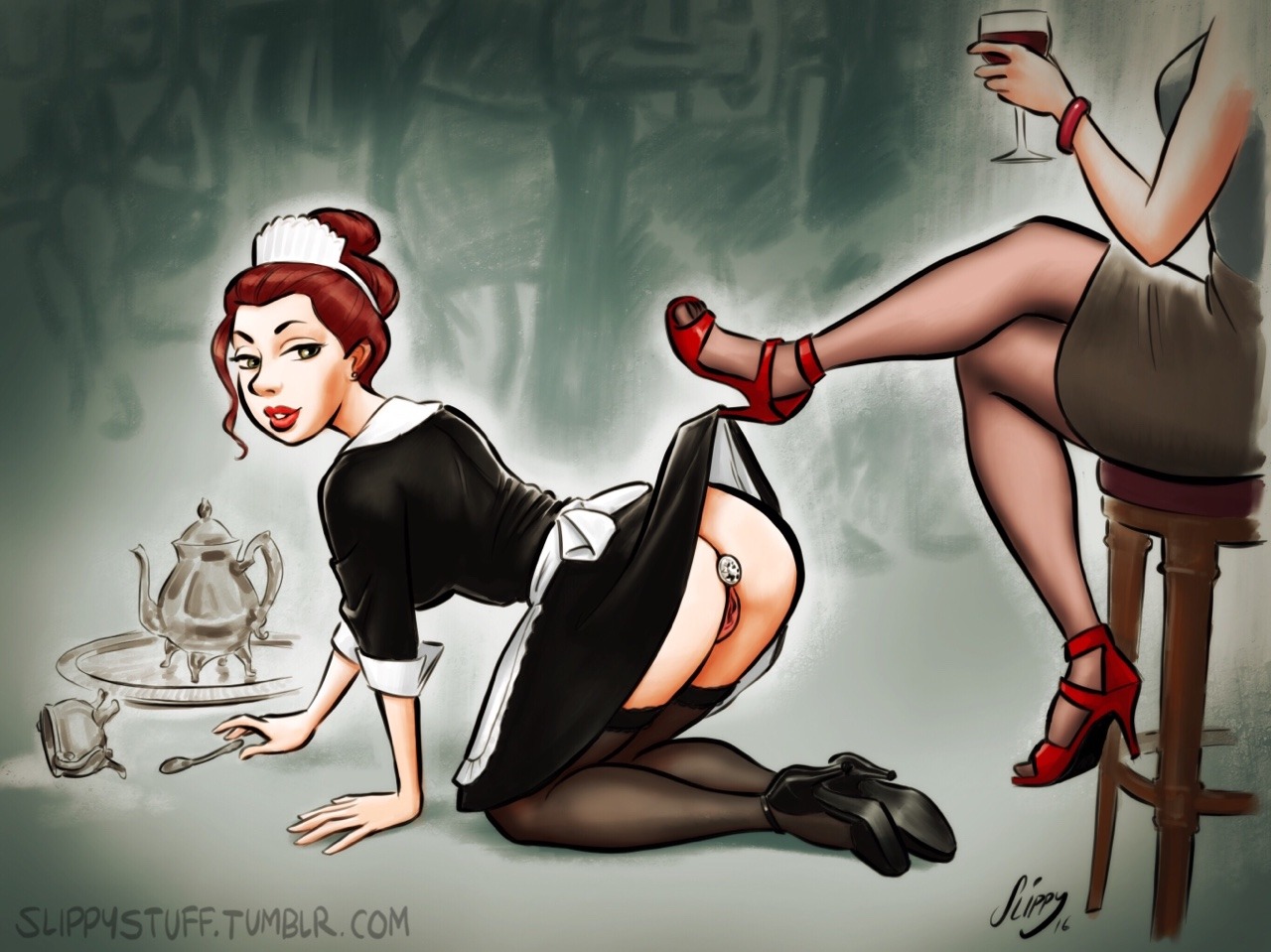 2016, 2girls, all fours, anal, anal insertion, anal plug, ass, bent over, bondage, boss and subordinate, buttplug, duo, female, female only, femdom, femsub, high heels, human, human only, jewel buttplug, jewel plug, lezdom, light skin, light-skinned female, maid, maid headdress, maid uniform, multiple females, multiple girls, princess plug, pussy, slippystuff, unseen female face, yuri