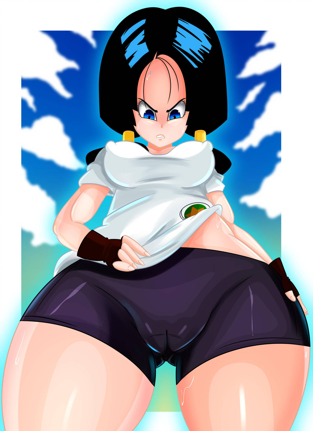 1girls, big breasts, bike shorts, blue eyes, breasts, cameltoe, cleavage, curvy, dragon ball, dragon ball z, erect nipples, erect nipples under clothes, female, huge areolae, nipple bulge, nipples, puffy nipples, pussy, solo, sonson-sensei, teenager, twintails, videl, voluptuous, wide hips