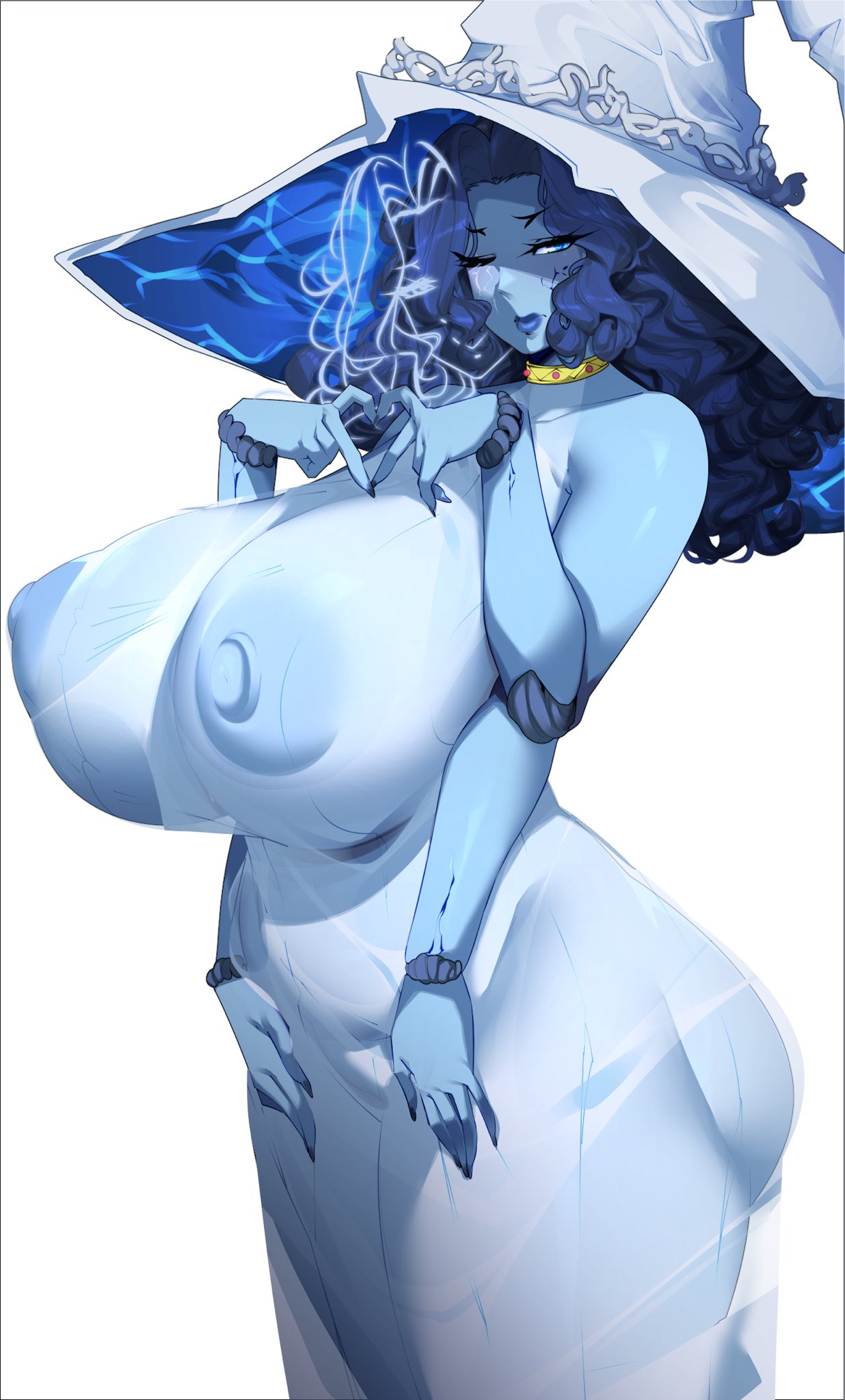 big_breasts blue_body blue_eyes blue_hair elden_ring fromsoftware large_breasts long_hair one_eye_closed ranni_the_witch rice-chan