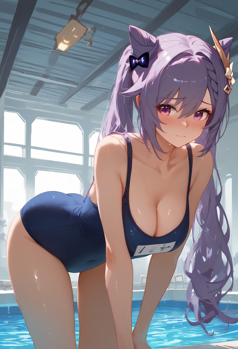 1girls ai_generated ass big_ass big_breasts blush breasts doggy_style genshin_impact keqing_(genshin_impact) light-skinned_female long_hair solo solo_female swimsuit wet