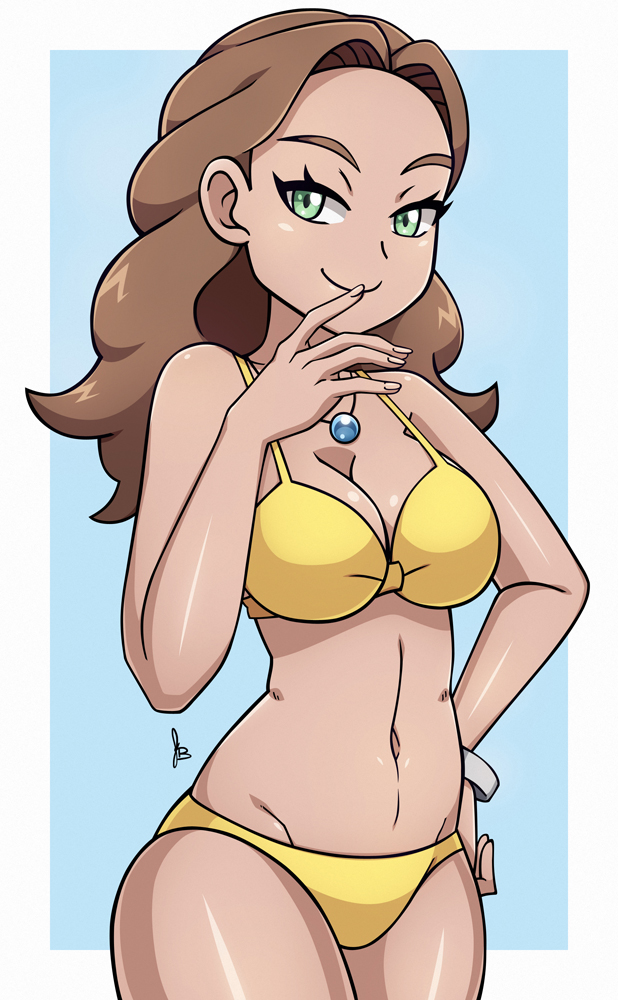 1girls ass belly bikini blue_background bracelet breasts brown_hair cleavage clothed dark-skinned_female dark_skin dmy-gfx eyelashes female female_only green_eyes half-closed_eyes human human_only long_hair looking_at_viewer midriff navel necklace nintendo npc_trainer pokemon pokemon_sm scott_bennett smile solo source_request standing swimmer_(pokemon) swimmer_(pokemon_sm) swimsuit tagme text watermark white_border wide_hips