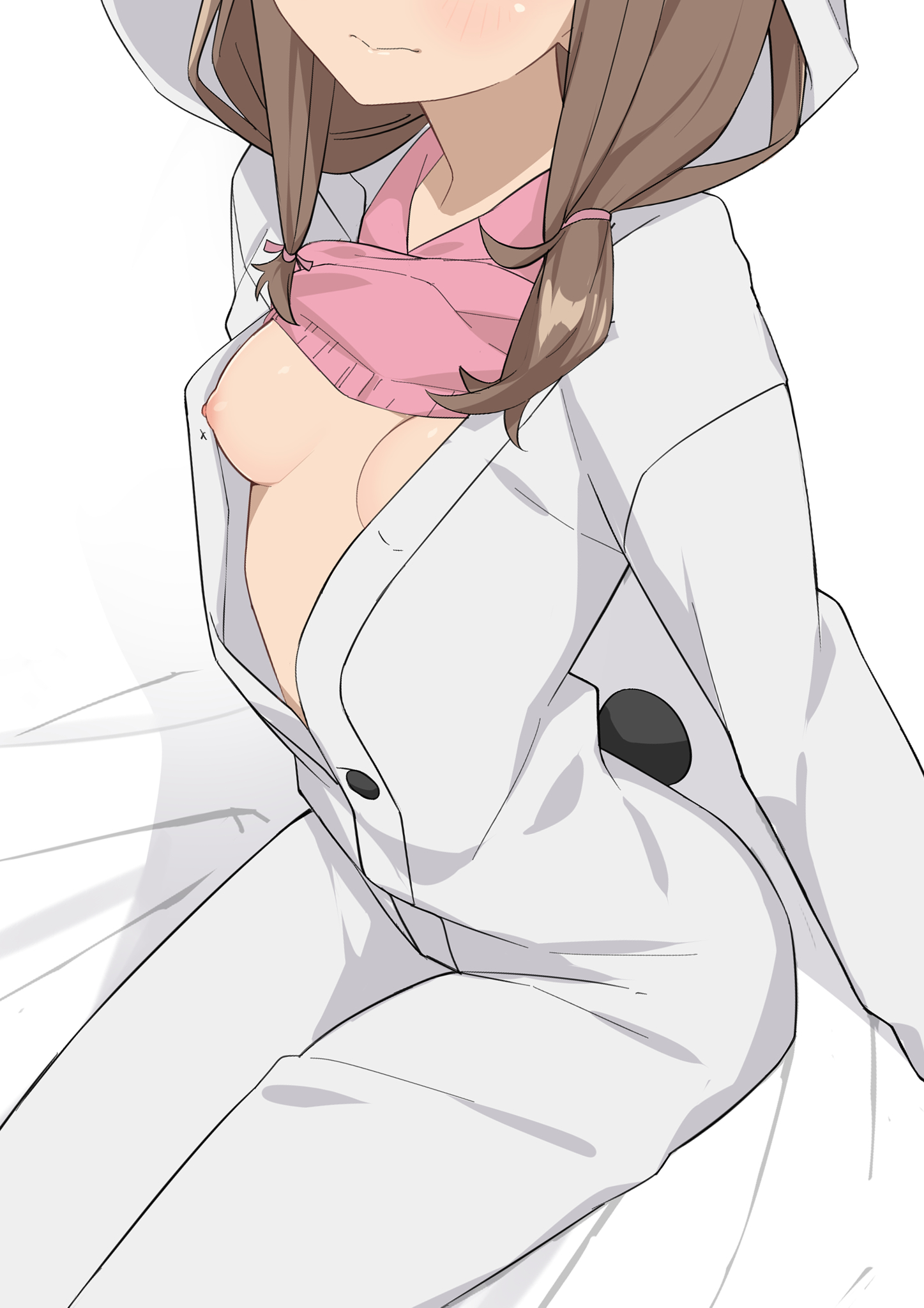 azusagawa kaede, breasts, brown hair, embarrassed, female, female only, medium breasts, morisobo, one breast out, open clothes, seishun buta yarou wa bunny girl senpai no yume wo minai, twintails