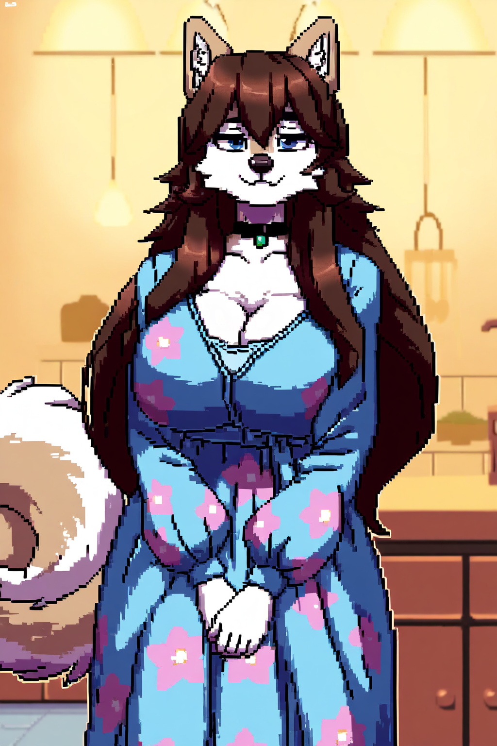 :3 ai_generated animal_ears animal_nose anthro anthro_only black_choker blue_eyes brown_hair cleavage collar dress eyebrows female_focus furry furry_breasts furry_female furry_only giant_breasts hair_between_eyes hourglass_figure kitchen large_breasts long_hair majorfluffy mature_anthro mature_female milf mother narrow_thighs narrow_waist novelai pixel pixel_art shiba_inu smile solo solo_anthro solo_female sundress tagme tight_clothes wide_hips