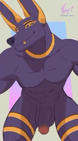 animated anthro anubis balls big_ears blep closed_eyes deity egyptian_mythology genitals happy humanoid_genitalia humanoid_penis low_res male male_only middle_eastern_mythology mythology negy penis purple_body smile solo tongue tongue_out wiggle