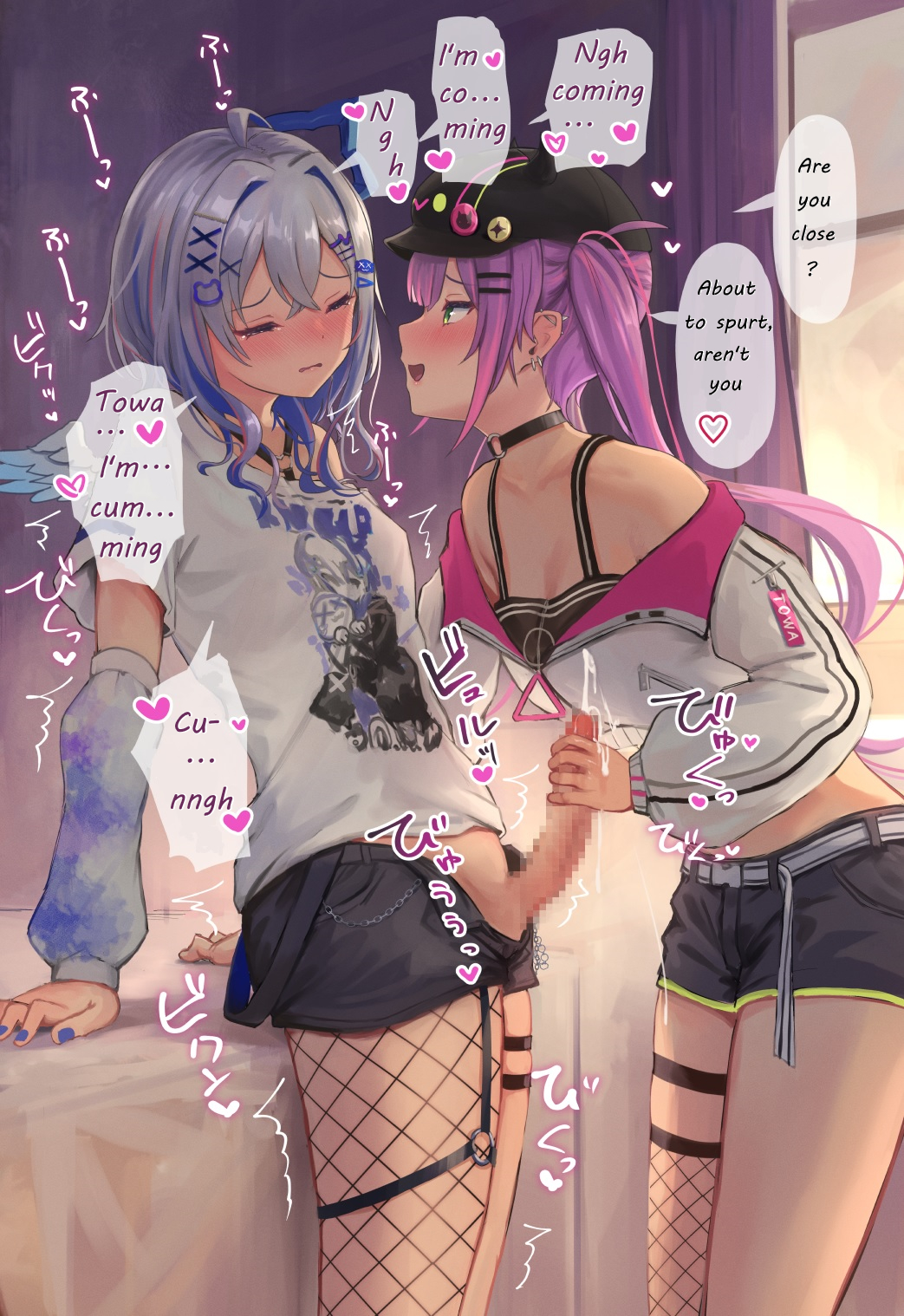 1futa 1girls ahoge amane_kanata angel_wings arm_support arm_warmers averting_eyes barbell_piercing baseball_cap bear_hair_ornament belt black_choker black_shorts blue_hair blue_halo blue_nails blue_wings blush breasts censored center-flap_bangs character_print chest_harness choker clothed clothing colored_inner_hair crop_top cropped_jacket cum cum_on_hand dialogue duo ear_piercing ejaculation english_text erection fake_horns feathered_wings female fishnet_pantyhose fishnet_thighhighs fishnets futa_on_female futa_with_female futanari gradient_wings green_eyes grey_hair hair_between_eyes hair_ornament hairclip halo handjob harness hat highres hololive horned_headwear horns human indoors industrial_piercing jacket leaning_back light-skinned_female light-skinned_futanari light_skin long_hair looking_at_another looking_down medium_hair mini_wings mosaic_censoring mostly_clothed multicolored_hair multicolored_wings nail_polish o-ring o-ring_choker o-ring_harness o-ring_thigh_strap open_mouth orgasm penis piercing pink_hair pointy_ears print_shirt purple_eyes purple_hair roke_(taikodon) shirt short_hair short_shorts shorts sidelocks single_arm_warmer single_thighhigh small_breasts spike_piercing standing star_halo streaked_hair sunset t-shirt text thigh_strap thighhighs tokoyami_towa translated twintails twitching_penis virtual_youtuber wavy_hair white_belt white_jacket white_shirt white_wings wings x_hair_ornament