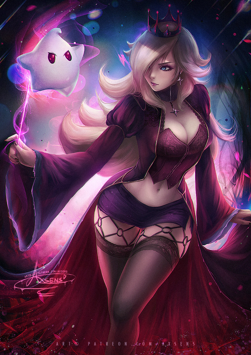1girls, axsens, blonde hair, blue eyes, breasts, cleavage, corruption, female, female only, luma, mario (series), miniskirt, nintendo, pinup, princess rosalina, purple skirt, skirt, solo, super mario galaxy, thighhighs