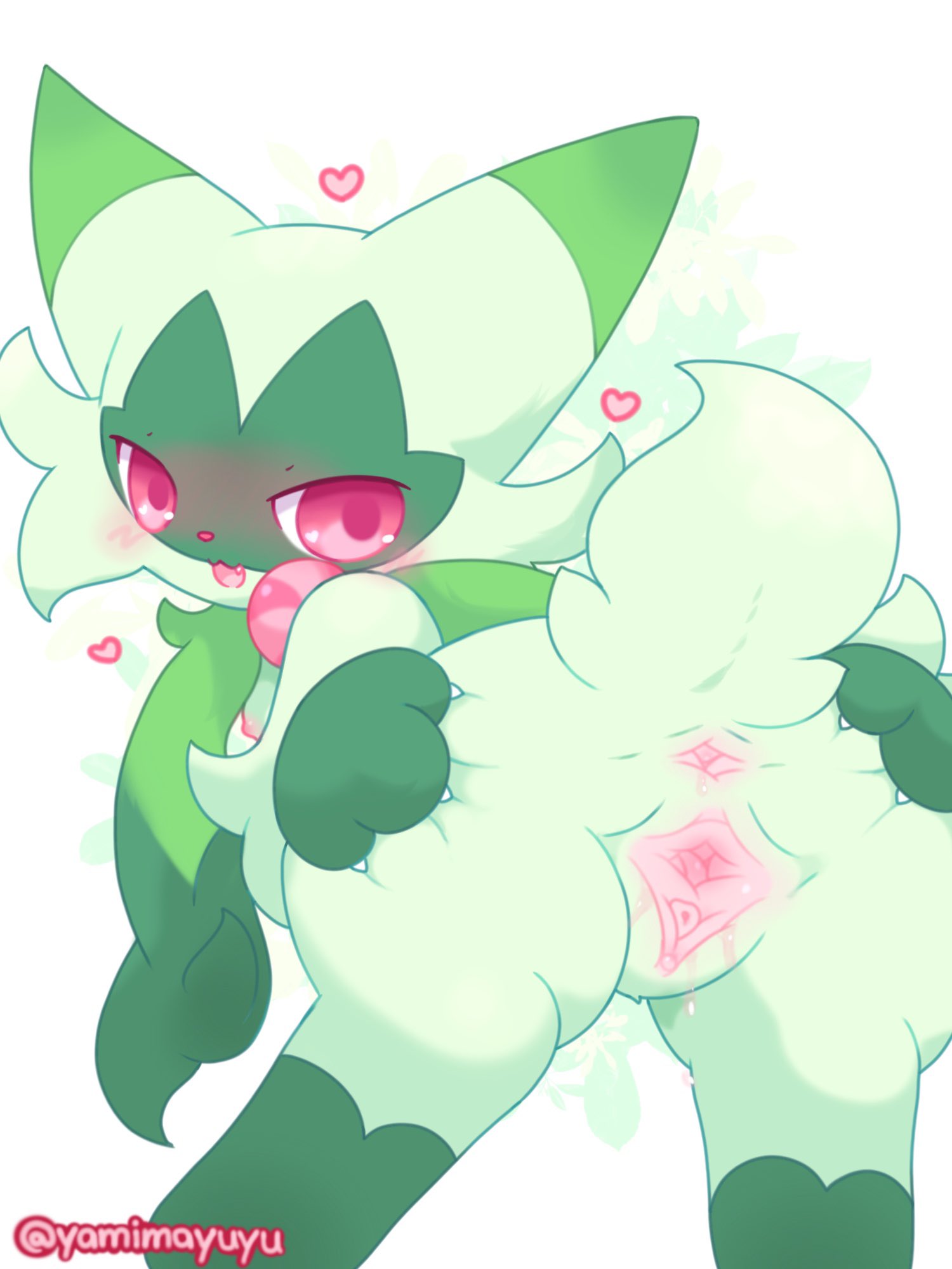 anthro anus ass blush bodily_fluids cheek_tuft claws digital_drawing_(artwork) digital_media_(artwork) facial_tuft female floragato fluffy fluffy_tail fur generation_9_pokemon genital_fluids genitals gloves_(marking) green_body green_fur heart_symbol hi_res inviting leg_markings looking_at_viewer looking_back looking_back_at_viewer markings nakimayo nintendo pokemon pokemon_(species) presenting pussy rear_view red_eyes red_nose smile smiling_at_viewer socks_(marking) solo solo_focus spread_anus spread_pussy spreading tail tuft vaginal_fluids