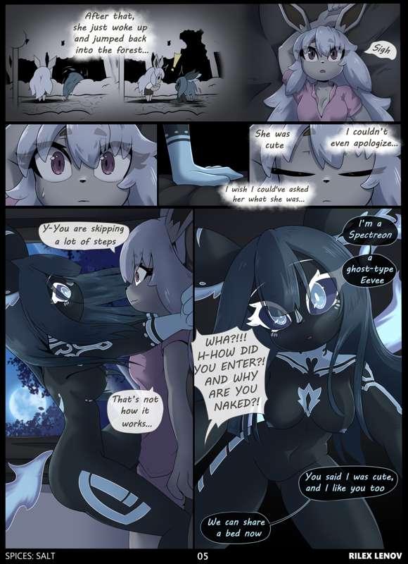 2girls black_fur blue_eyes comic comic_page eevee eeveelution furry gray_fur grey_fur lesbian oc pokemon pokemon_(species) rilex_lenov shiny_pokemon