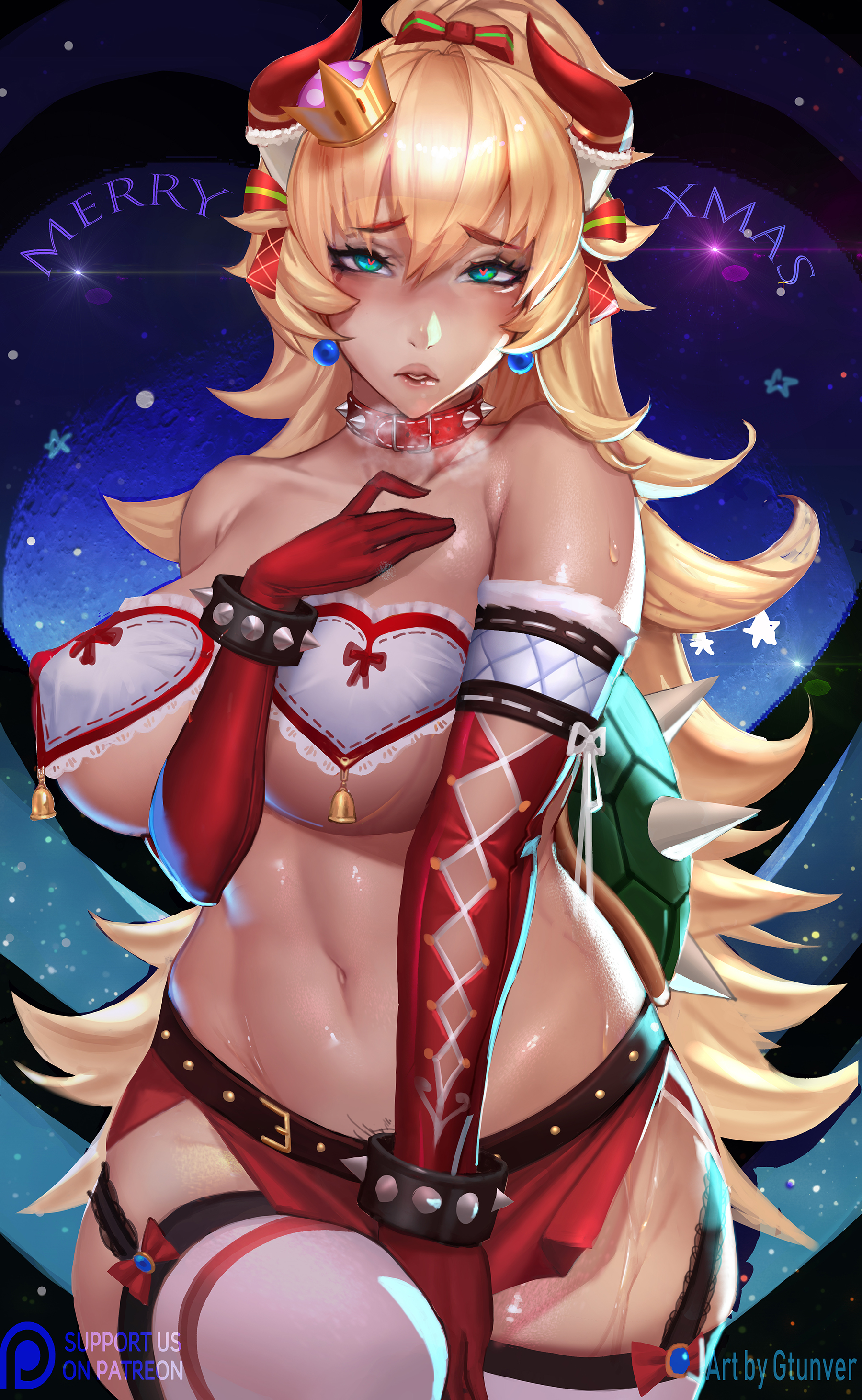 1girls, big breasts, bimbo, blonde hair, bowsette, breasts, busty, cleavage, female, female only, garter straps, gtunver, heart-shaped pupils, horns, hourglass figure, large breasts, looking at viewer, mario (series), new super mario bros. u deluxe, nintendo, rule 63, solo, spiked bracelet, spiked collar, spiked shell, super crown, voluptuous