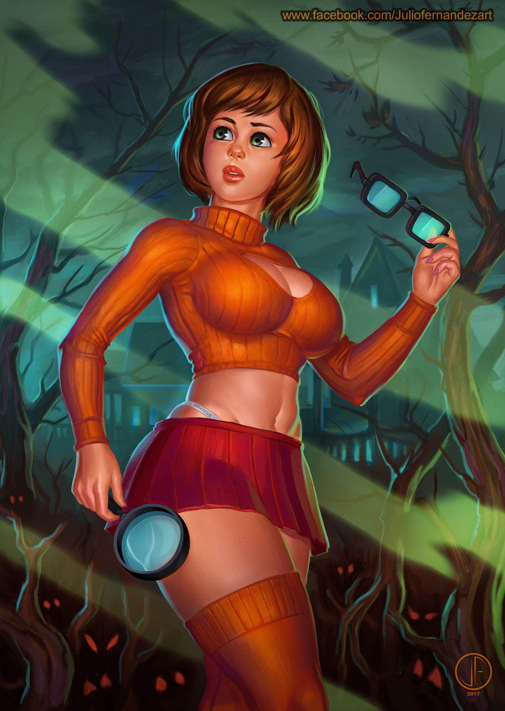 1girls big_breasts cleavage cleavage_cutout curvy female female_only glasses green_eyes hanna-barbera julio_fernandez medium_breasts red_skirt scooby-doo short_hair signature skirt solo text thick_lips velma_dinkley voluptuous whale_tail wide_hips