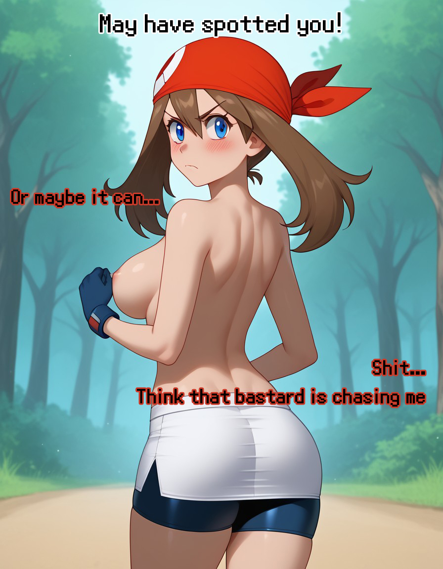 1girls ai_generated angry back_view backboob blue_eyes comic farfrompussy following may_(pokemon) may_(pokemon_rs) pokemon pov red_bandana thigh_shorts topless topless_female yodayo