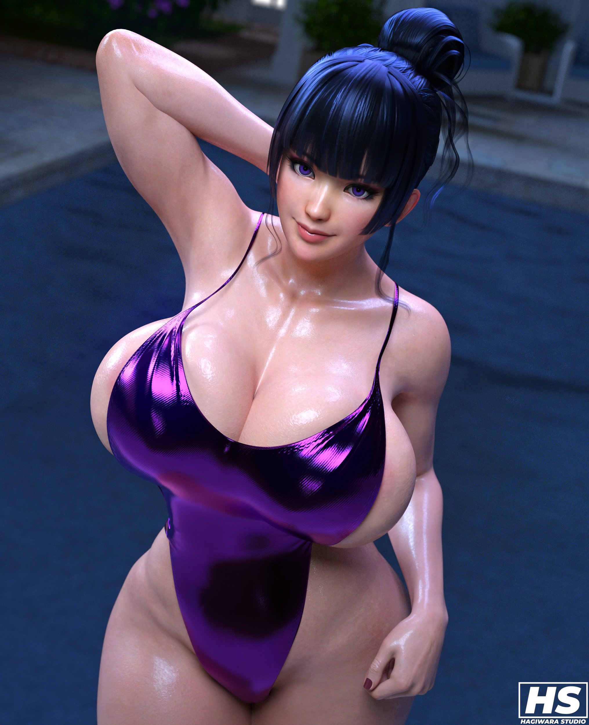 1girls, 3d, big breasts, black hair, breasts, busty, dead or alive, female, female only, hagiwara studio, nyotengu, one-piece swimsuit, purple eyes, swimsuit, tagme, thick thighs, wide hips