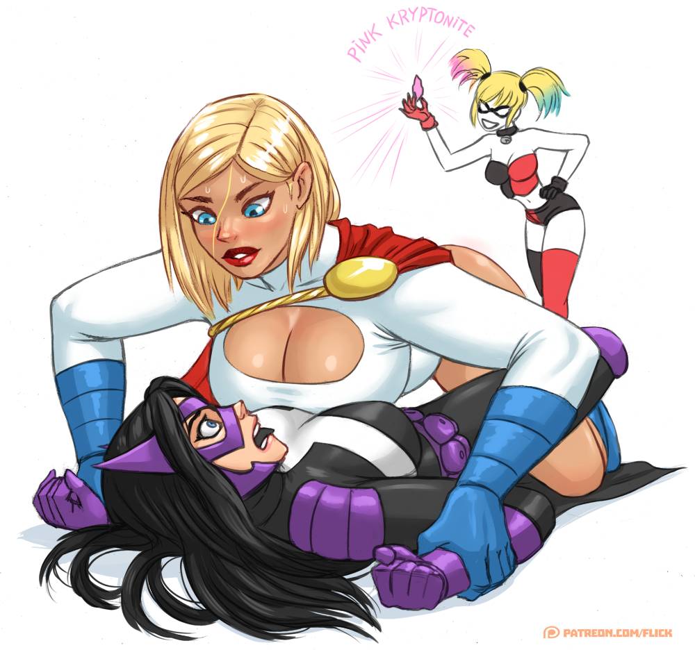 3girls asymmetrical_docking bimbo catfight cleavage cleavage_cutout dc dc_comics female female_focus female_only flick harley_quinn helena_bertinelli huntress_(dc) imminent_rape kara_zor-l karen_starr lipstick mind_control multiple_girls orientation_play pink_kryptonite power_girl wrestling yuri