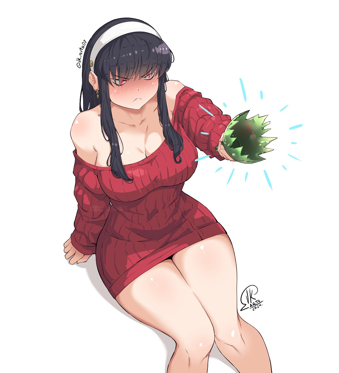 1girls, adoptive mother, adult, adult female, angry, angry expression, angry eyebrows, angry face, anime milf, arm support, bare calves, bare knees, bare legs, bare shoulders, bare thighs, black hair, black-haired female, blush, blush face, blushing, blushing female, blushing lines, breasts, broken bottle, busty, busty female, busty milf, cleavage, collarbone, curvaceous, curvaceous body, curvaceous female, curvaceous figure, curvaceous hips, curvaceous thighs, curvy, curvy body, curvy female, curvy figure, curvy hips, curvy thighs, earrings, exposed legs, exposed shoulders, exposed skin, exposed thighs, female, female focus, female only, fingers, frown, frown eyebrows, frowning, frowning at viewer, hairband, high resolution, highres, hot milf, hourglass figure, jk arts, jk arts07, knees, large breasts, lean figure, long hair, looking at viewer, mature, mature female, milf, narrow waist, red eyes, red-eyed female, shoulders, sidelocks, simple background, sitting, slender body, slender waist, slim waist, solo, spy x family, thick thighs, thighs, upper body, white background, white hairband, wide hips, yor briar, yor forger, young milf, young woman and milf